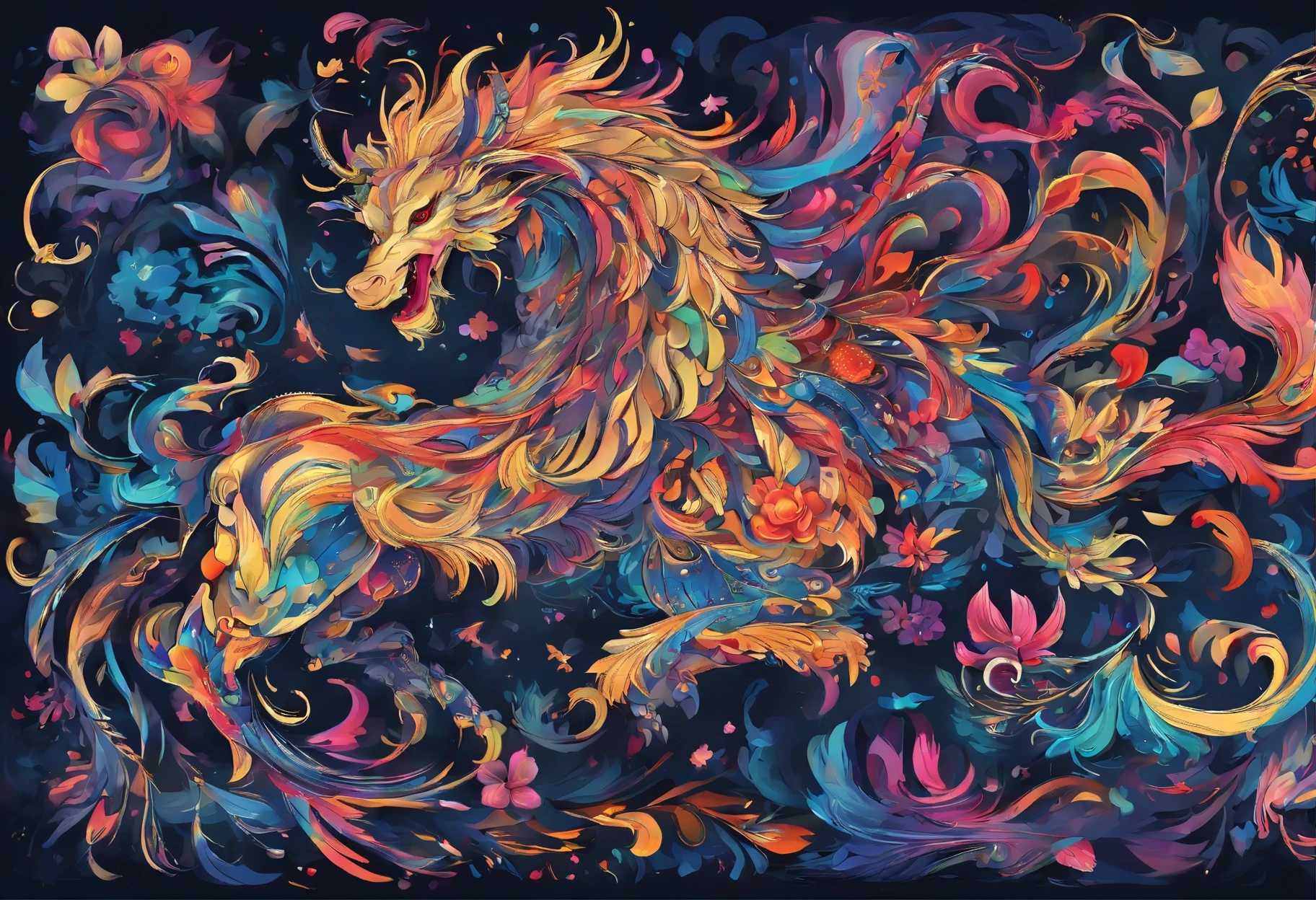 Qilin Xiangrui，A visual feast blooming on a dark background。The mysterious sky represented by oil painting art，wild and，The soul is struck in it。The picture is full of passion and struggle，High details reveal the creative exploration of abstract souls。Immerse yourself in it，Experience a wonderful and dark world。