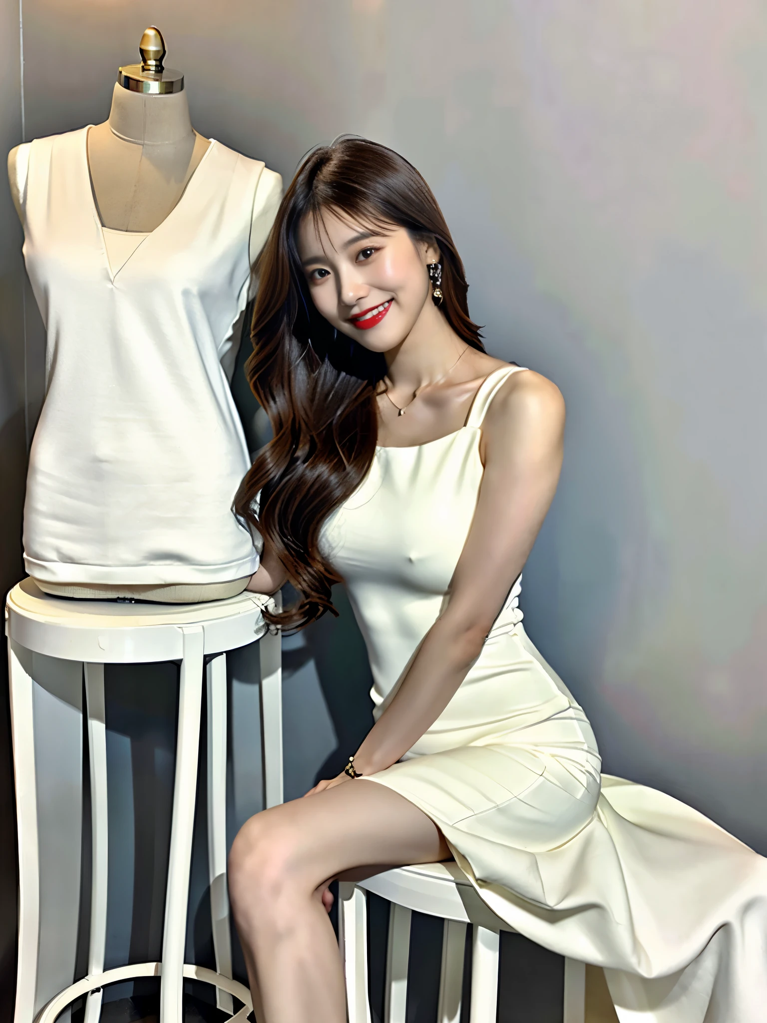 araffe woman sitting on a stool in a white dress, smooth white tight clothing suit, korean female fashion model, sexy dress, wearing white dress, white dress, gorgeous young korean woman, Minimal bodycon feminine costume, slim girl model photo, elegant white dress, wearing along white dress, wearing heels and white dress, wearing white clothes, very beautiful face, medium chest, looking at the camera, natural smile