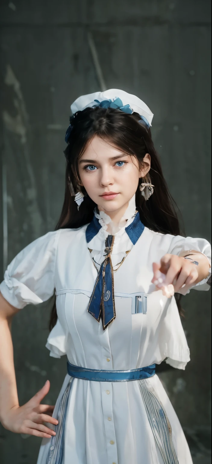 {{masterpiece}},best quality,highly detailed,extremely detailed CG unity 8k wallpaper, 1girl, blue eyes, wavy brown hair, upper body, shot,high close up, highly detailed,center frame,sharp focus, looking at viewer, floting hair, white background, no background