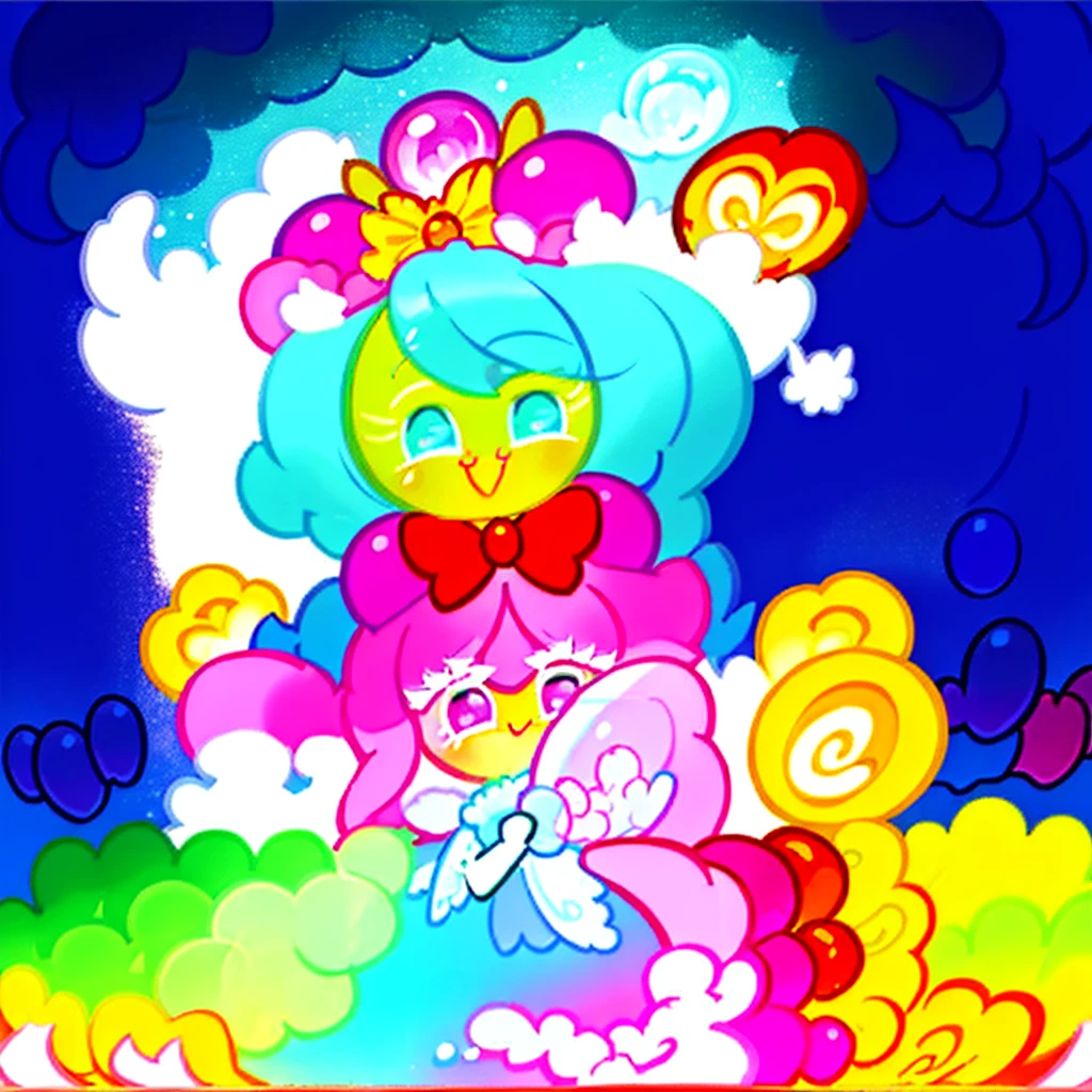 big eyes, vibrant colors, soft lighting, cute pose, detailed background, fantasy theme, magical atmosphere, playful expression, happy mood, dynamic composition, vibrant colors, pastel tones, whimsical characters, intricate line work, whimsical background elements, high resolution, digital artwork, imaginative setting.