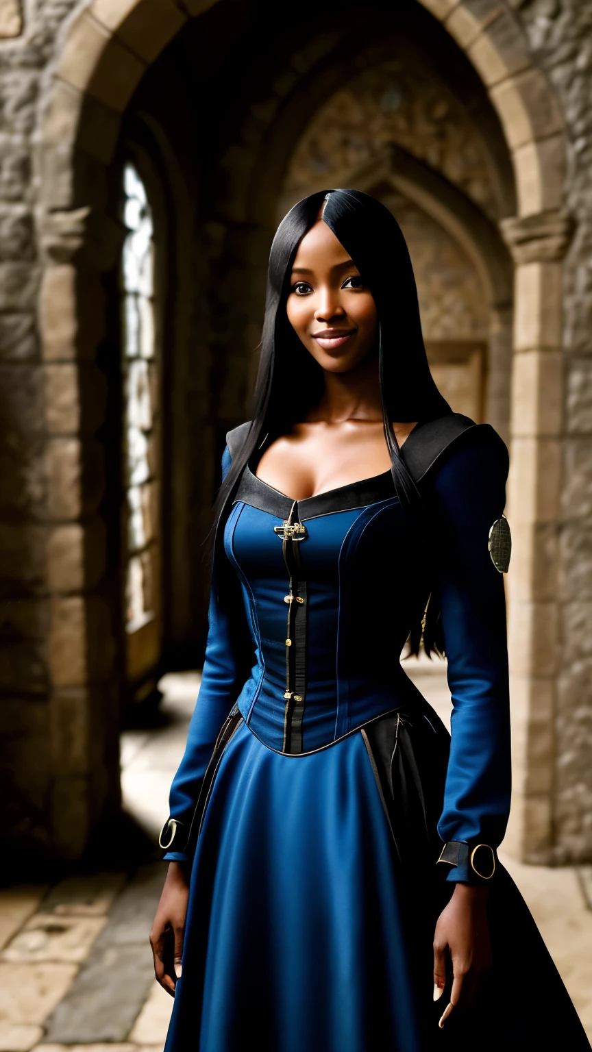 Foto hiperrealista en primer plano de Naomi Campbell, Create dystopian masterpieces, medieval clothing, rich dress, medieval dress with long-sleeves, blue dress, inside medieval castle, beautiful woman, skinny, medium breasts, black long hair, detailed face, smile, facing the camera, photo taken from a distance, age of 14 years old