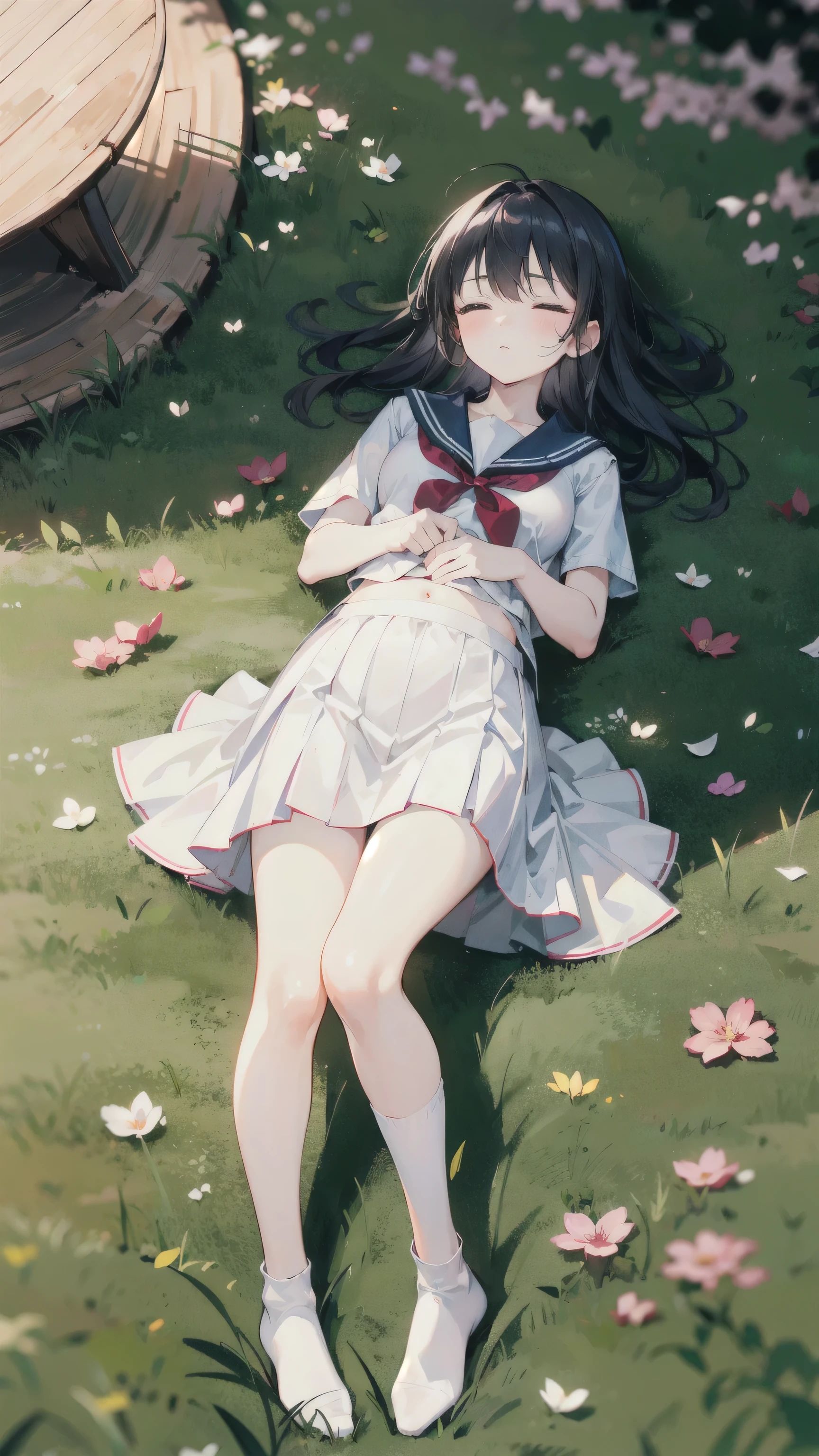 (Film portrait photography,Full body image,Beautiful two-dimensional wallpapers)(Soft professional lighting,35mm film,Tyndall effect)(Beautiful girl of :1.6,clavicle:1.4,blush:1.2,Wearing sailor suit and jk skirt:1.5,Exquisite waist-to-hip ratio:1.6,White and long legs:1.3,plump figure:1.5,Wearing a bow:1.4,cute white socks:1.3,French bangs:1.4,long hair:1.2,lying on the lawn and sleeping:1.6)(Petals distributed on girl's body'Body:1.5,The picture is very neat :1.5)