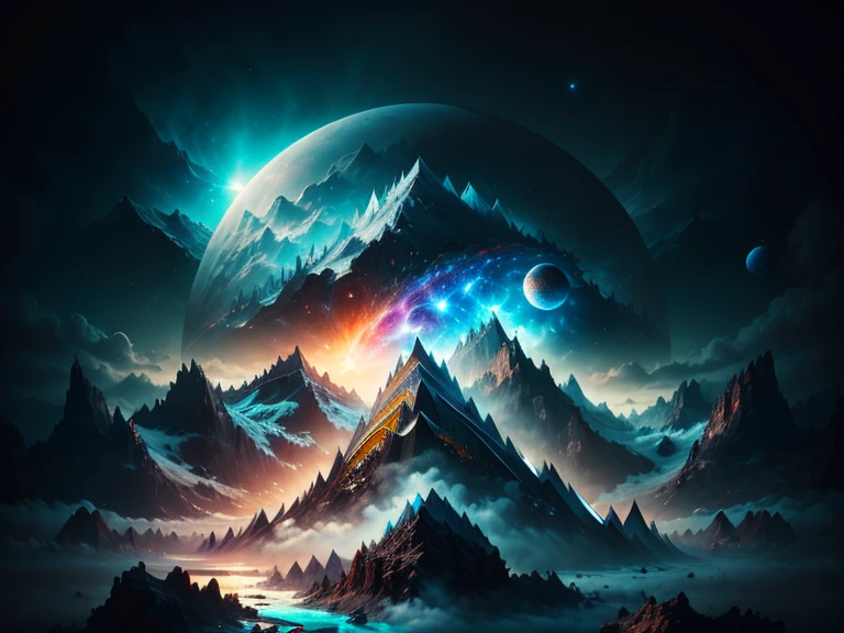 Masterpiece, realistic, epic warrior hero watching the scene from a far, A dark space land full of water and and dark clouds, black fog, comet passing by, astrophotogr, masterpiece, expert, insanely detailed, 4k, composition, centered, painted, intricate, volumetric lighting, beautiful, rich deep color masterpiece, sharp focus, ultra detailed, dan mumford and marc simonetti style, malignant, vector, print, (black magic around:1.5), god, truth, anticipation, depth, insight, understanding, mountain, galactic lush translucent clouds, spectrum, panorama, star cycle, cycle, round eye, planet, earth, truth, knowledge, power, energy, cold colors, neon stars, space landscapes, magic around, god, truth, anticipation, depth, insight, understanding, (far stronhold on mountain:2.0), galactic lush translucent clouds, spectrum, panorama, star cycle, cycle, round eye, planet, earth, truth, knowledge, power, energy, galaxy, outer space, nebula, star, [cyberpunked] Pyramids from the stars, black star