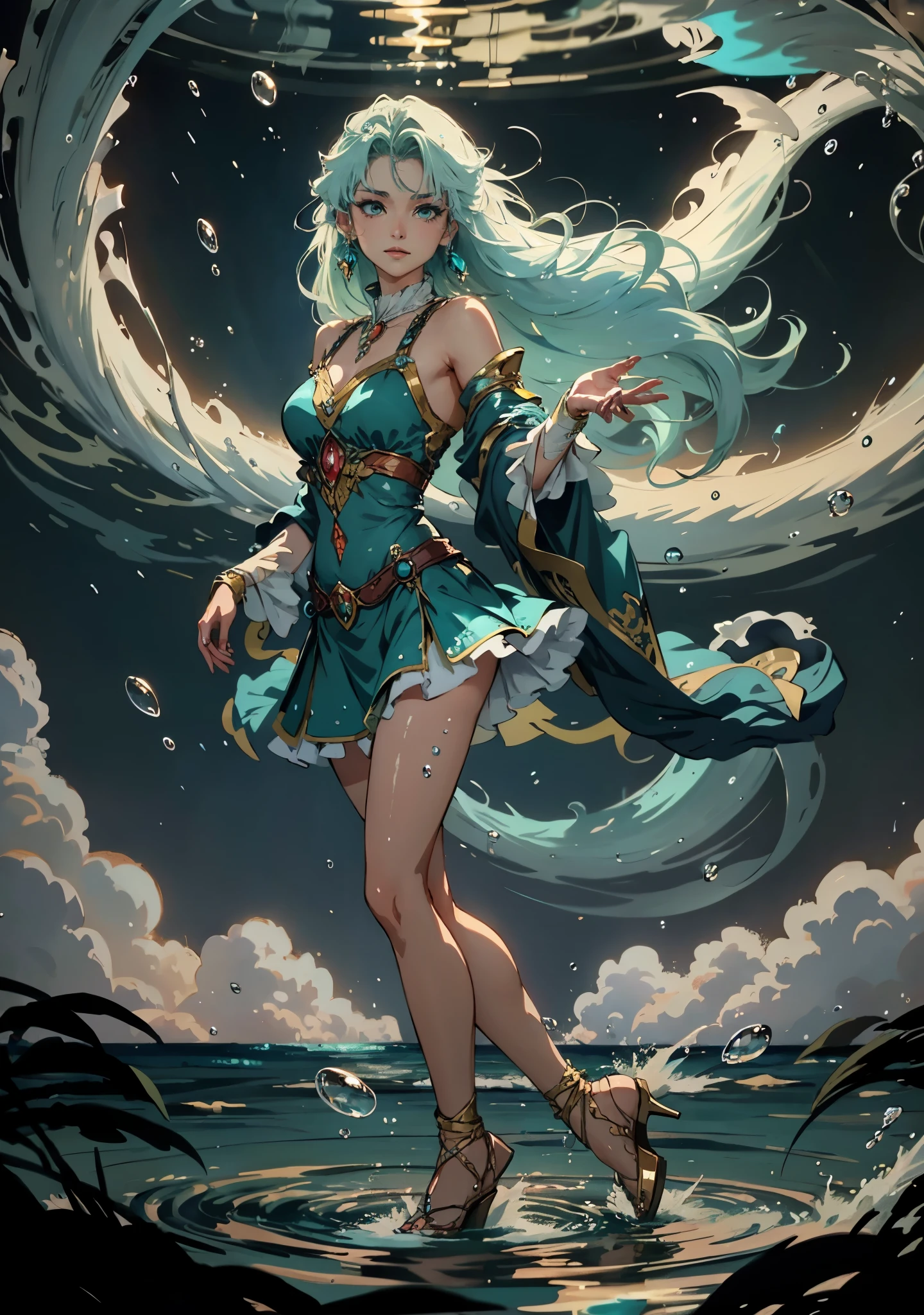 A beautiful woman with cascading waves of aqua-blue long hair, exquisite facial features, a melancholic expression, delicate and bright eyes, skin as smooth and radiant as polished jade, her slender and graceful figure dances like water splashes in the wind, a splendid fantasy-style islander ethnic costume, a short skirt resembling ocean waves, her slender legs leap lightly above the water surface, surrounded by splashing droplets that dance in the air, this character embodies a finely crafted fantasy-style female dancer in anime style, exquisite and mature manga art style, high definition, best quality, highres, ultra-detailed, ultra-fine painting, extremely delicate, professional, anatomically correct, symmetrical face, extremely detailed eyes and face, high quality eyes, creativity, RAW photo, UHD, 8k, Natural light, cinematic lighting, masterpiece-anatomy-perfect, masterpiece:1.5