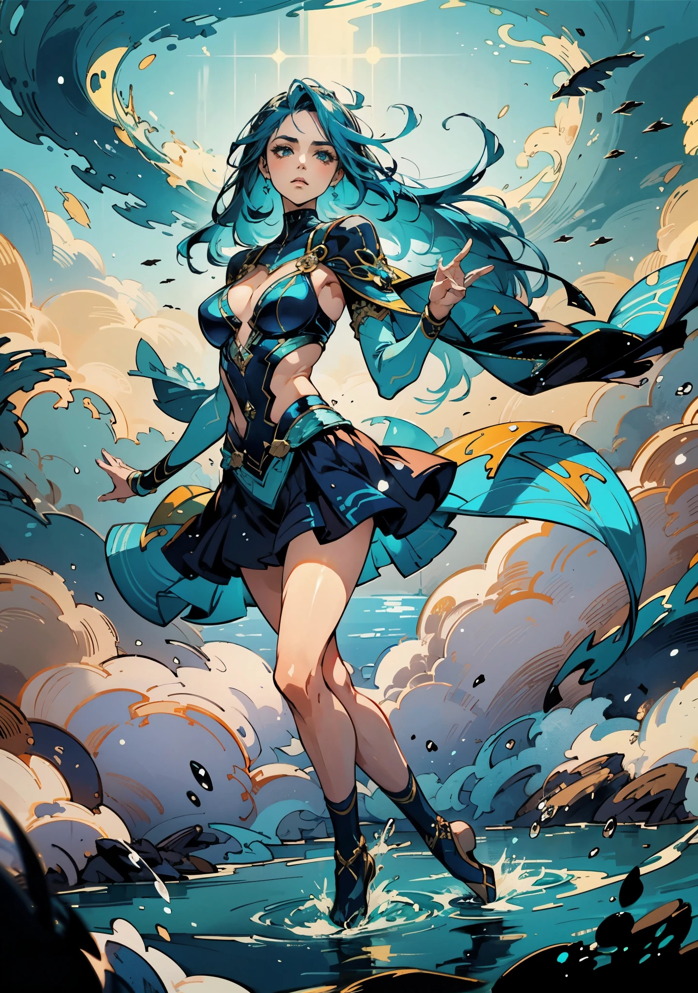 A beautiful woman with cascading waves of aqua-blue long hair, exquisite facial features, a melancholic expression, delicate and bright eyes, skin as smooth and radiant, her slender and graceful figure dances like water splashes in the wind, a splendid fantasy-style islander ethnic costume, a short skirt resembling ocean waves, her slender legs leap lightly above the water surface, surrounded by splashing droplets that dance in the air, this character embodies a finely crafted fantasy-style female dancer in anime style, exquisite and mature manga art style, high definition, best quality, highres, ultra-detailed, ultra-fine painting, extremely delicate, professional, anatomically correct, symmetrical face, extremely detailed eyes and face, high quality eyes, creativity, RAW photo, UHD, 8k, Natural light, cinematic lighting, masterpiece-anatomy-perfect, masterpiece:1.5