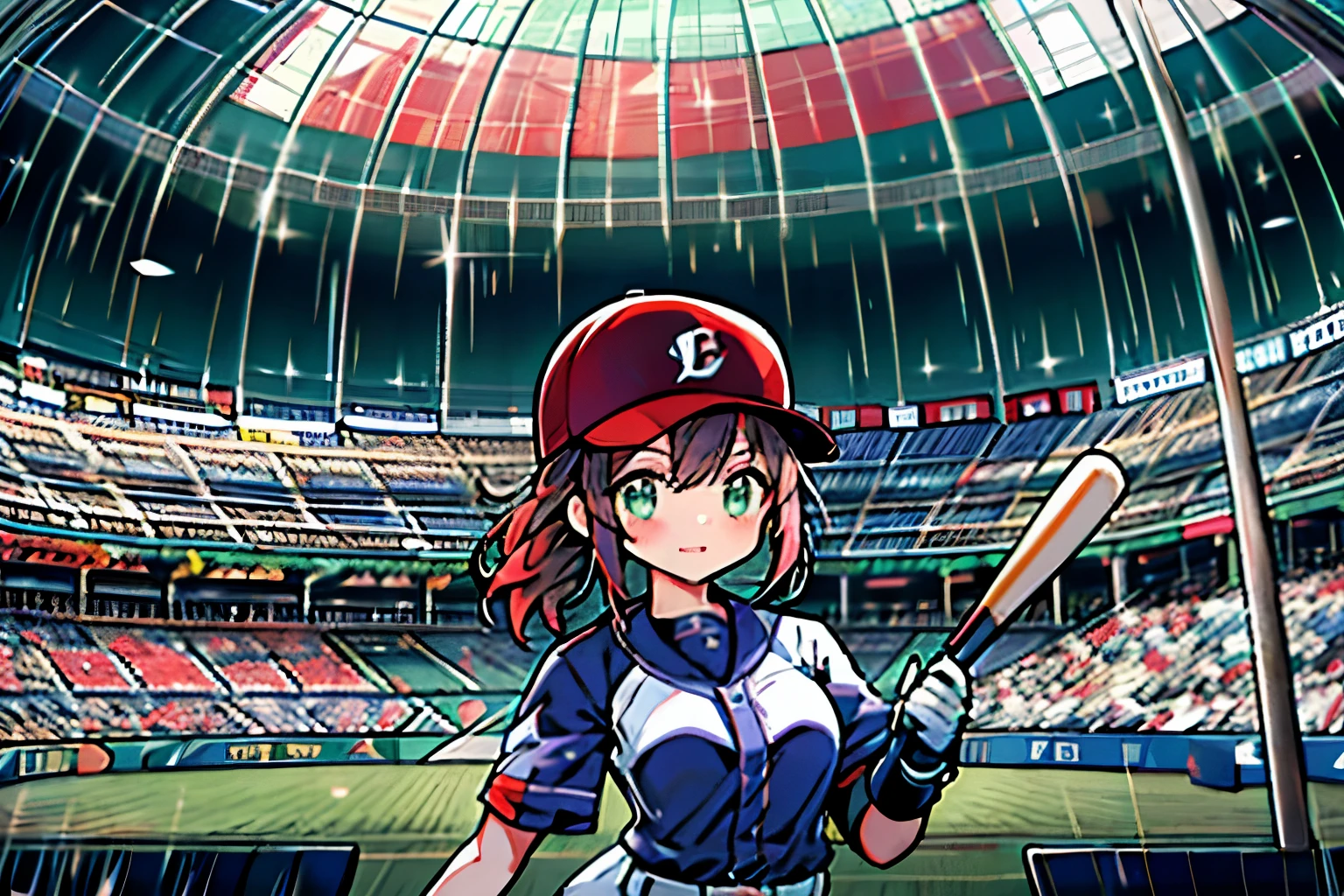 girl、baseball、uniform、baseball場、dome、pitcher、audience、glove、red、yellow、green、purple、green