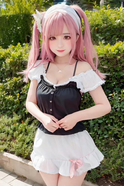 8k resolution, high resolution, single, girl, fair skin, big eyes, long eyelashes, sweet silkworm, deep eyes, lipstick, smile, ((pink hair)), messy hair, hair details, face details, ((white slip shirt)), ((black dress)), summer sun, nature, cute little animals, cute girl, silly cute, girly, white tights