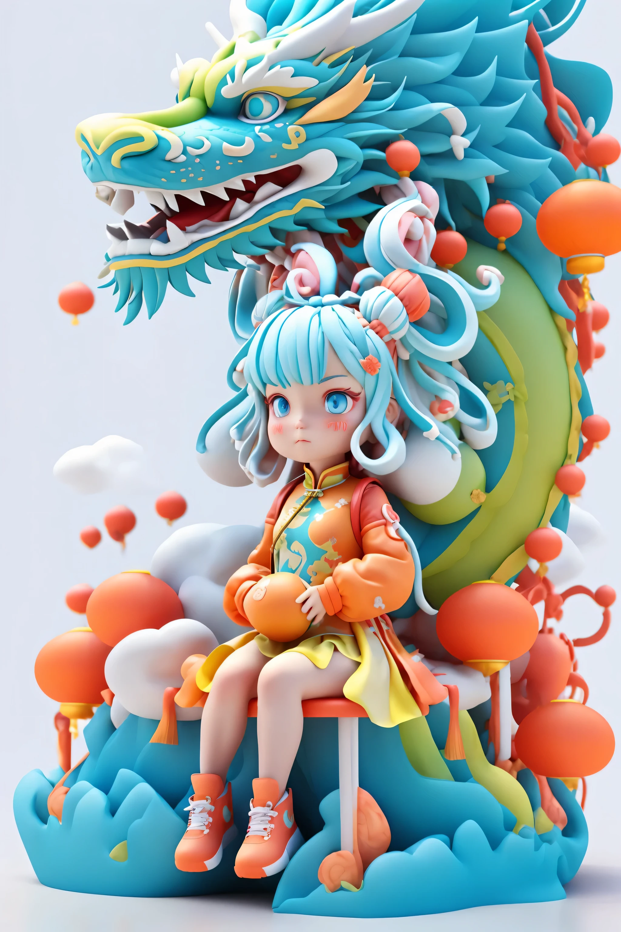 alone,1 girl,long hair,(China_skirt:1.2),(green eyes:1.1),candy,white hair,looking at the audience,(lamp笼/lamp:1.1),flower,Spring Festival,New Year's work:1.1),Yellow theme,(3D:1.1),(Red pleated skirt:1.1),(orange uphill:1.1),pink pibo,(wash painting)),((ink...:1.1),(cloud_Print:1.1),blue eyes,blue hair,sitting,dragon,twice as good,shoe,blush,alone,运动shoe,long sleeves,oriental dragon,White background,red shoe,hair accessories,