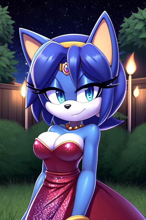 Krystal The Fox, Blue Skins, Short Hair, Yellow Hairband, Beautiful Blue Eyes,, Red Dress, Strapless Dress, Medium Breast, Long Red Sequin Dress, Jewelry, Park Garden, Night, Stars, Looking at Viewer, standing, headshot, 2D illustration, 2D style