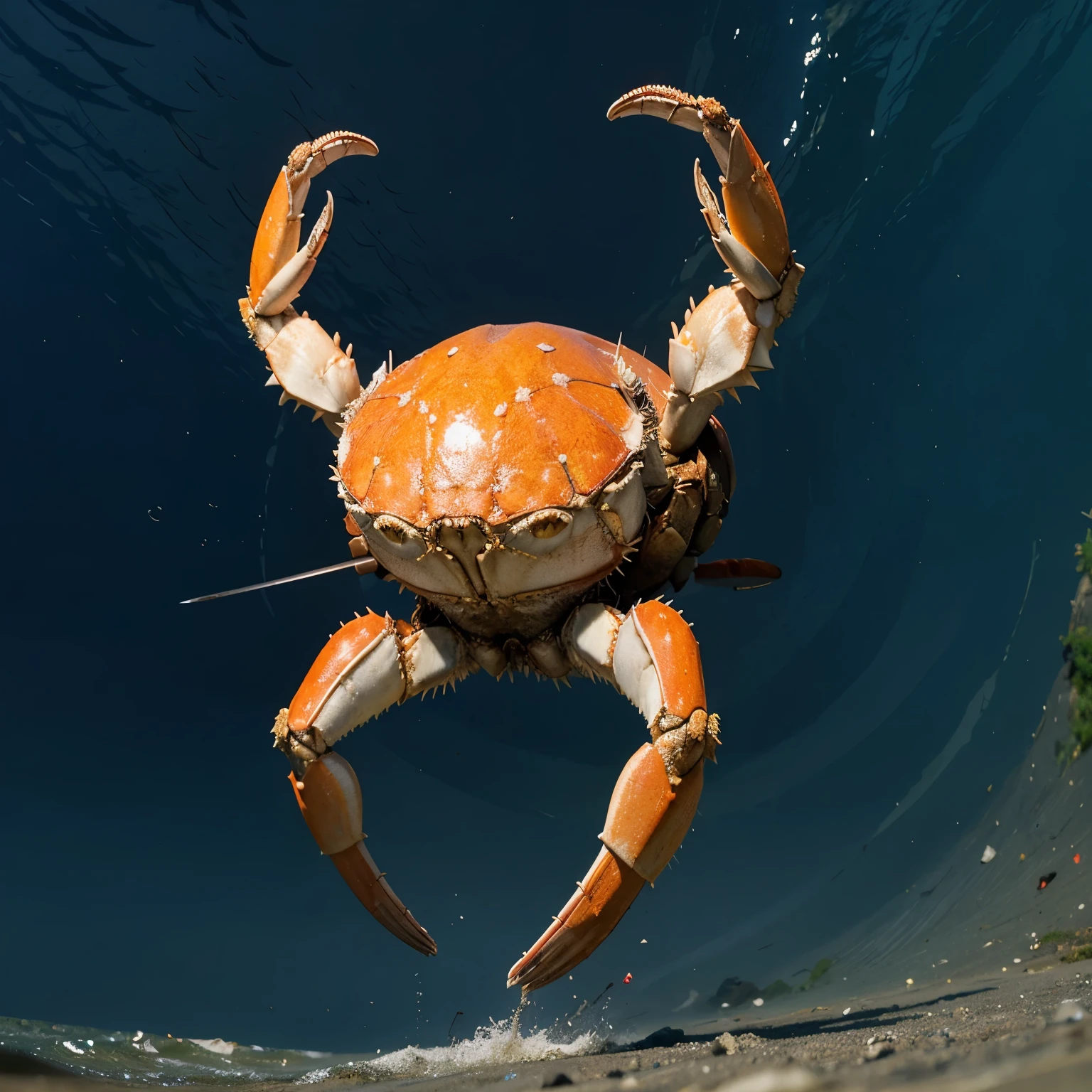 A giant crab with its left claw large and wide like a shield and its right claw long and slender like a sword