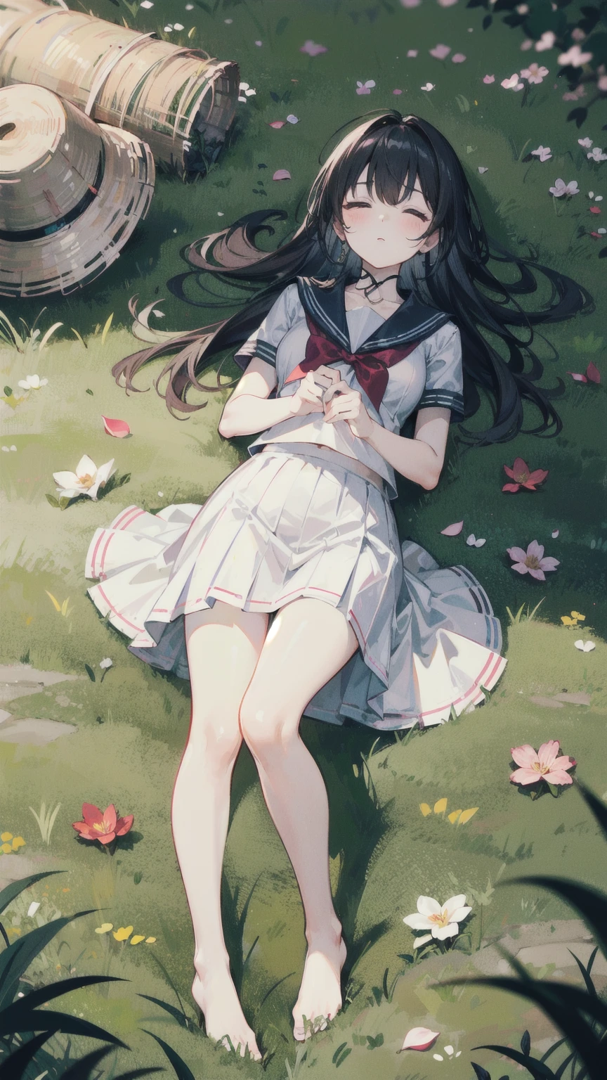 (Film portrait photography,full body photo,Beautiful two-dimensional wallpapers)(Soft professional lighting,35mm film,Tyndall effect)(15-year-old beautiful girl:1.6,clavicle:1.4,blush:1.2,Wearing sailor suit and jk skirt:1.5,Refined waist-hip ratio:1.6,White and long legs:1.3,plump figure:1.5,Wearing a bow:1.4,Lovely feet:1.3,French bangs:1.4,long hair:1.2,lying on the lawn and sleeping:1.6)(The petals are distributed on the girl's body:1.5,The screen is very neat :1.5)