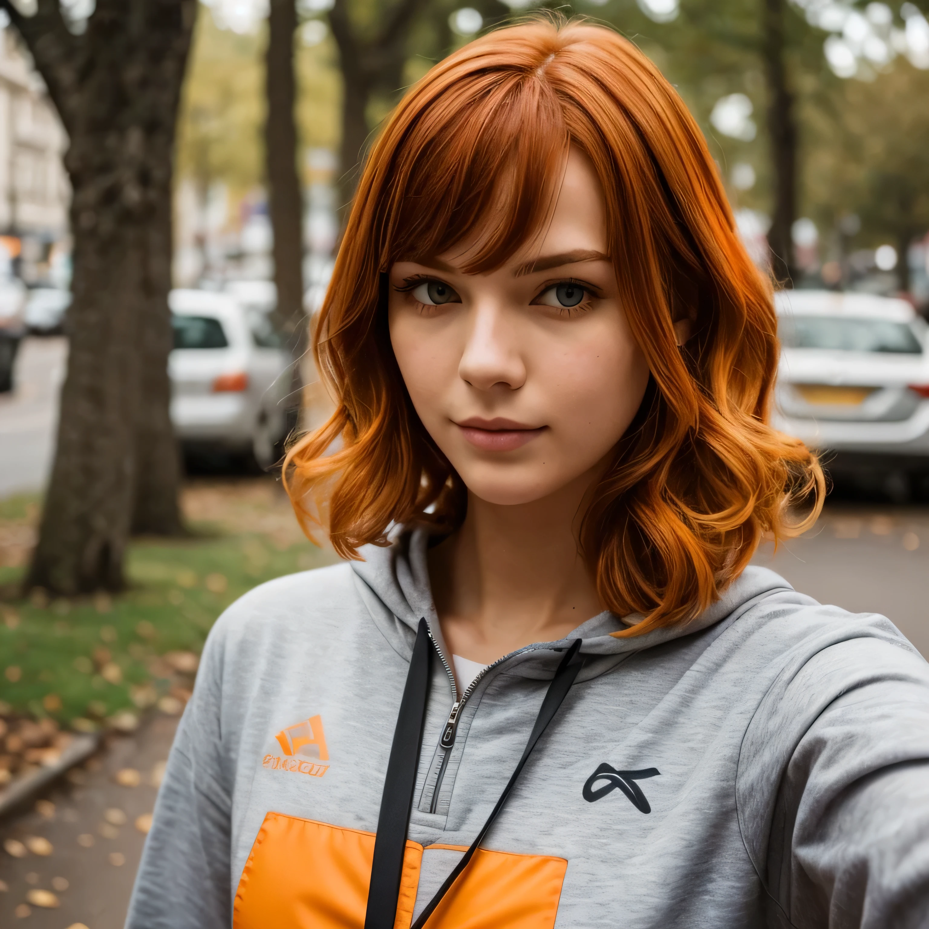 There is a woman with short orange hair tied up, Roupas quentes, curly ruiva, ruiva and honey eyes, Oblique, seductive and disguised, a young ruiva, ruiva, ruiva, ruiva, foto de perfil, foto de rosto, ruivaed woman, Jovem INFP, young ruiva, Selfie da mulher nova, cores quentes, amarelo-laranja, gosta de correr meias maratonas nos finais de semana, foto selfie, roupas casuais coloridas, cabelo curto, cabelo curto