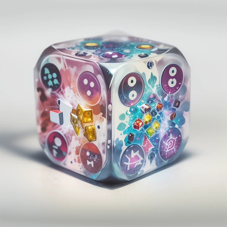 1thing, MagicItem_v1, DnD magic item, Gambling Dice, d6, six sided, (colored splat white background)