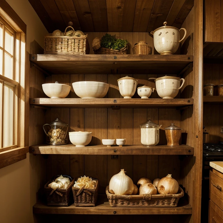 kitchen wooden shelves with bowls, onion and garlic in it. warm dark light. digital art.