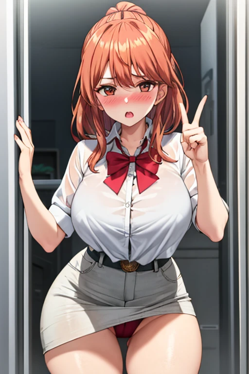 This image contains a woman, blushing and flashing her panties. Who is wearing a white skirt and a see through shirt