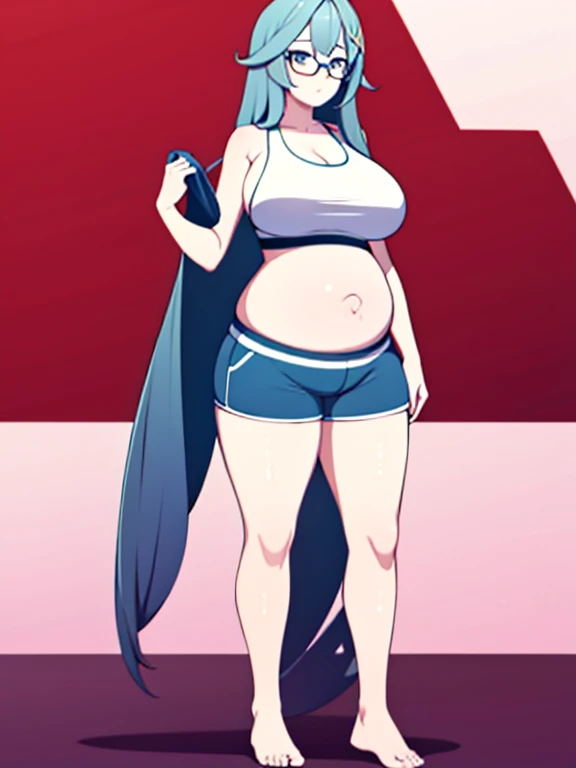 (Very high quality, detailed) A full body image of a pregnant girl wearing a sports bra, very thight shorts and glasses, she's standing barefoot and has very big breasts, long hair and a pretty thick body. Her belly is uncovered and has cum on it