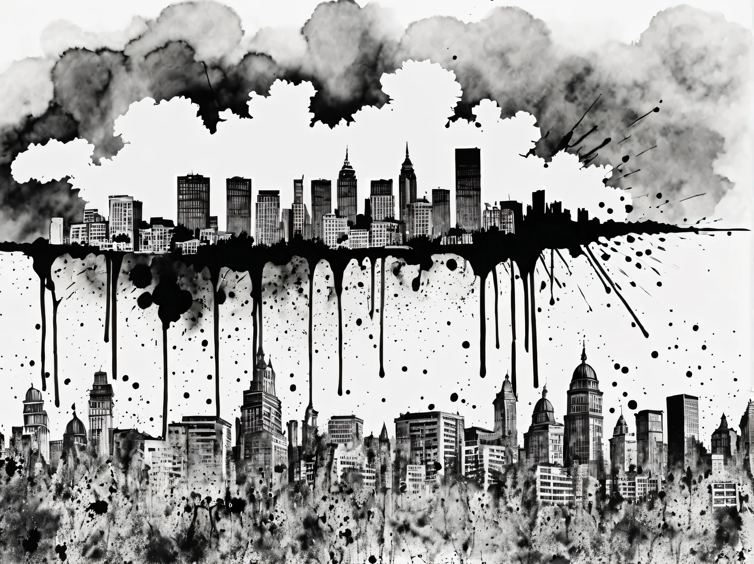 splashes of ink, ink sprayed onto a sheet of paper, splashes and ink blots on a sheet form a drawing with the outlines of a distant city and the sky with clouds above this city, high detail, only splashes and ink blots, forming a pattern, high detail, a high resolution, detailed image of the city outline, splashes of ink art