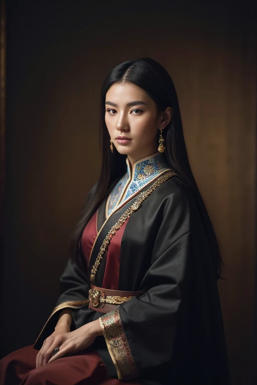 Mongolian beauties,tall bone beauty,bust,mongol,Mongolian robes,sideways,Full body sitting,profile,Highly refined,Detailed hands,Painter John Singer Sargent portrait oil painting,Oil painting texture,Dark color background,Textured,Concise background,oil paint strokes,Ray tracing,Shoot at eye level,Ultra HD image, masterpiece,textured skin, 4K HD,best quality