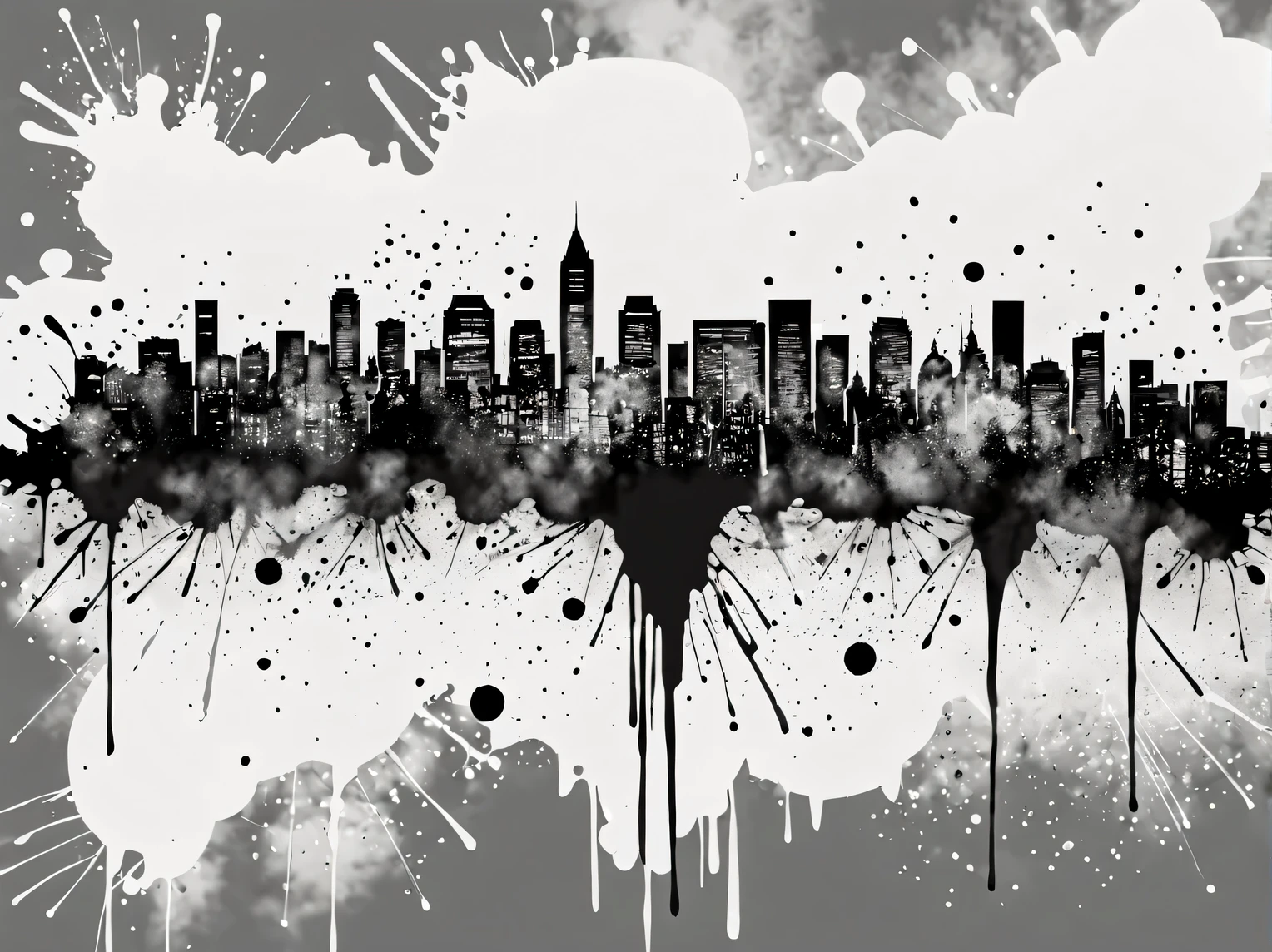 splashes of ink, ink sprayed onto a sheet of paper, splashes and ink blots on a sheet form a drawing with the outlines of a distant city and the sky with clouds above this city, high detail, only splashes and ink blots, forming a pattern, high detail, a high resolution, detailed image of the city outline, splashes of ink art