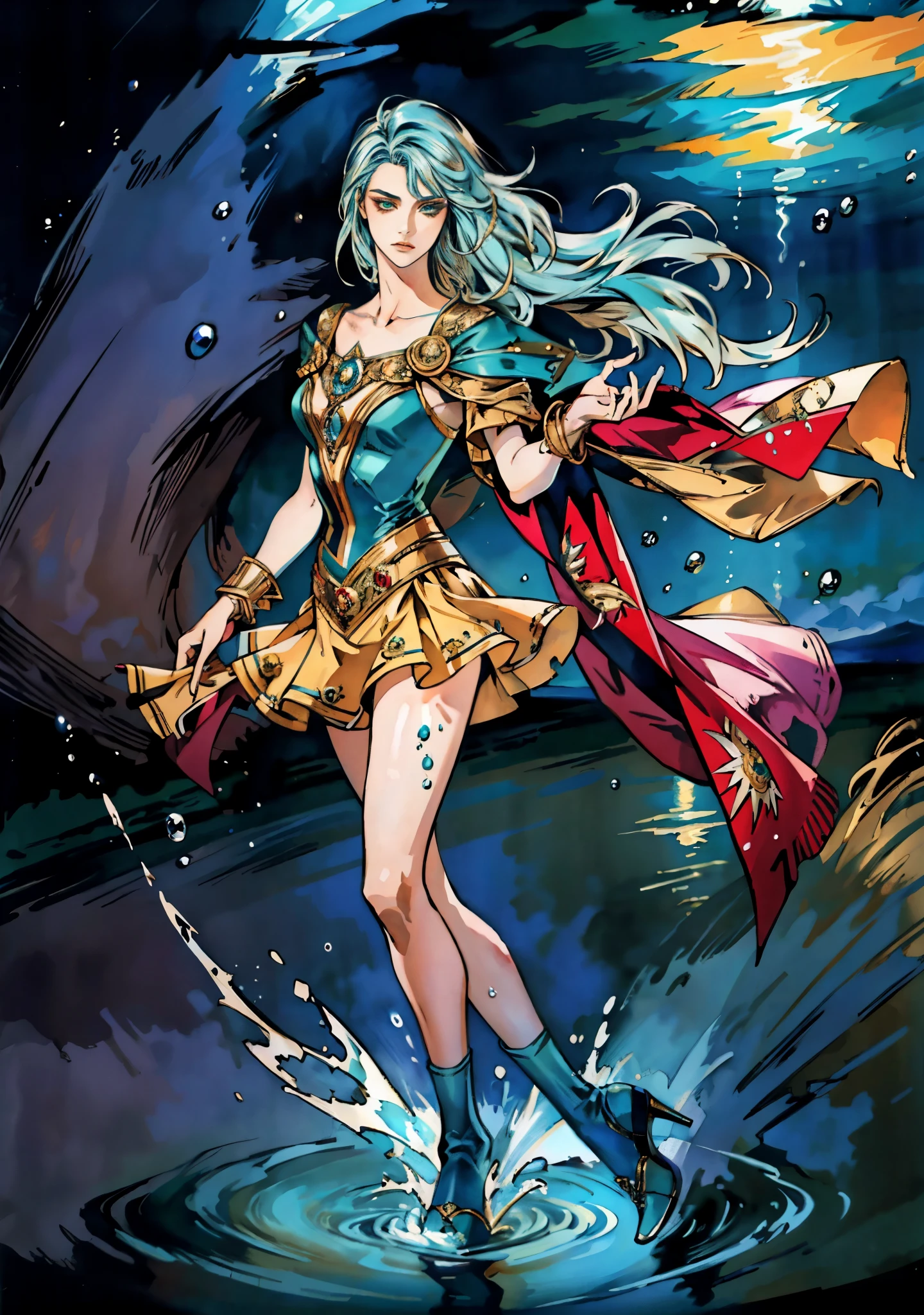 A beautiful woman with cascading waves of aqua-blue long hair, exquisite facial features, a melancholic expression, delicate and bright eyes, skin as smooth and radiant as polished jade, her slender and graceful figure dances like water splashes in the wind, a splendid fantasy-style islander ethnic costume, a short skirt resembling ocean waves, her slender legs leap lightly above the water surface, surrounded by splashing droplets that dance in the air, this character embodies a finely crafted fantasy-style female dancer in anime style, exquisite and mature manga art style, high definition, best quality, highres, ultra-detailed, ultra-fine painting, extremely delicate, professional, anatomically correct, symmetrical face, extremely detailed eyes and face, high quality eyes, creativity, RAW photo, UHD, 8k, Natural light, cinematic lighting, masterpiece-anatomy-perfect, masterpiece:1.5