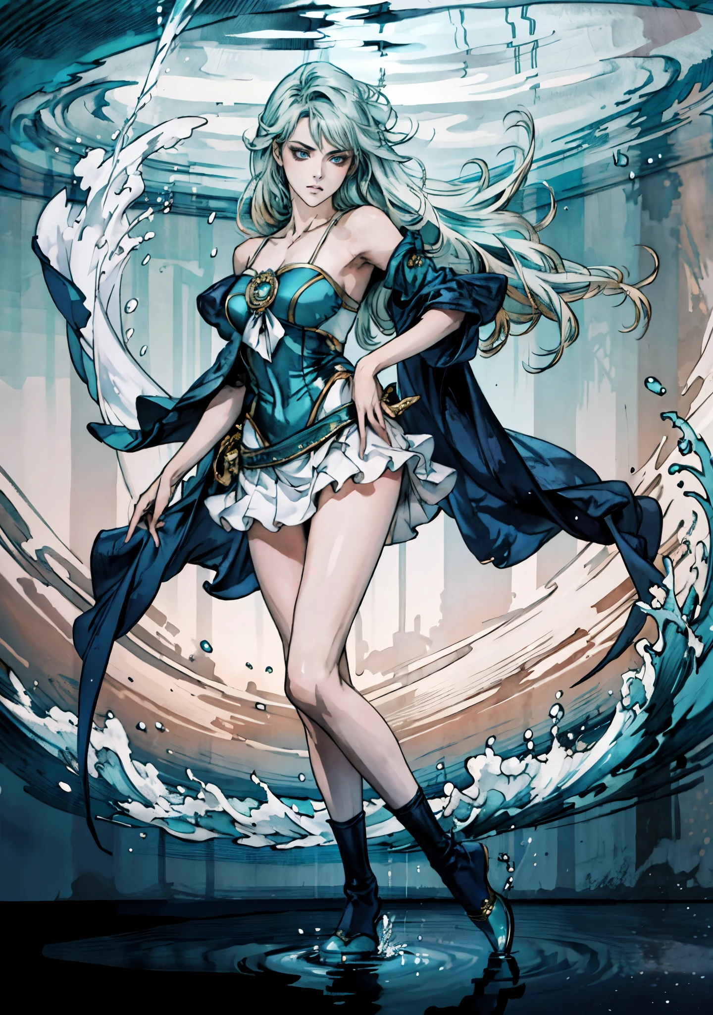 A beautiful woman with cascading waves of aqua-blue long hair, exquisite facial features, a melancholic expression, delicate and bright eyes, skin as smooth and radiant as polished jade, her slender and graceful figure dances like water splashes in the wind, a splendid fantasy-style islander ethnic costume, a short skirt resembling ocean waves, her slender legs leap lightly above the water surface, surrounded by splashing droplets that dance in the air, this character embodies a finely crafted fantasy-style female dancer in anime style, exquisite and mature manga art style, high definition, best quality, highres, ultra-detailed, ultra-fine painting, extremely delicate, professional, anatomically correct, symmetrical face, extremely detailed eyes and face, high quality eyes, creativity, RAW photo, UHD, 8k, Natural light, cinematic lighting, masterpiece-anatomy-perfect, masterpiece:1.5