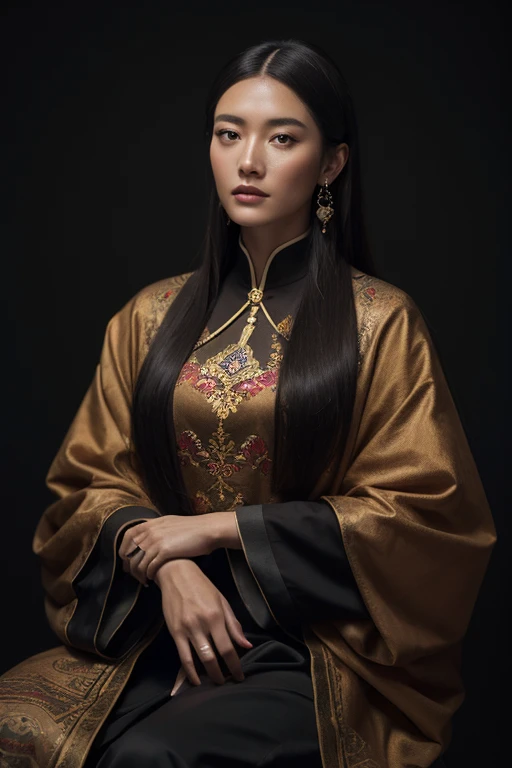 Mongolian beauties,tall bone beauty,bust,mongol,Mongolian robes,sideways,Full body sitting,profile,Highly refined,Detailed hands,Painter John Singer Sargent portrait oil painting,Oil painting texture,Dark color background,Textured,Concise background,oil paint strokes,Ray tracing,Shoot at eye level,Ultra HD image, masterpiece,textured skin, 4K HD,best quality