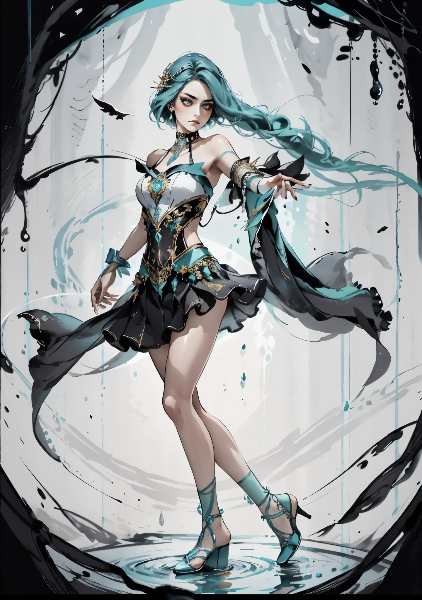 A beautiful woman with cascading waves of aqua-blue long hair, exquisite facial features, a melancholic expression, delicate and bright eyes, skin as smooth and radiant as polished jade, her slender and graceful figure dances like water splashes in the wind, a splendid fantasy-style islander ethnic costume, a short skirt resembling ocean waves, her slender legs leap lightly above the water surface, surrounded by splashing droplets that dance in the air, this character embodies a finely crafted fantasy-style female dancer in anime style, exquisite and mature manga art style, high definition, best quality, highres, ultra-detailed, ultra-fine painting, extremely delicate, professional, anatomically correct, symmetrical face, extremely detailed eyes and face, high quality eyes, creativity, RAW photo, UHD, 8k, Natural light, cinematic lighting, masterpiece-anatomy-perfect, masterpiece:1.5