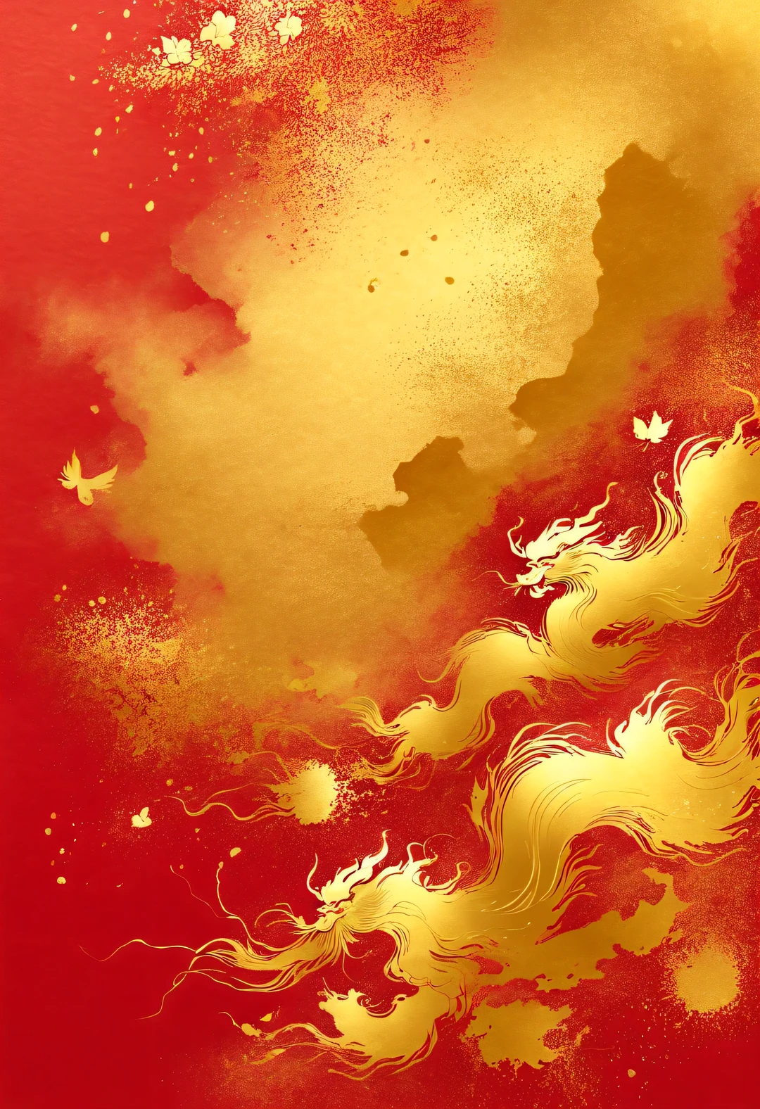 Traditional Chinese New Year wallpaper with gold ink on red paper,(splash ink:0.4)