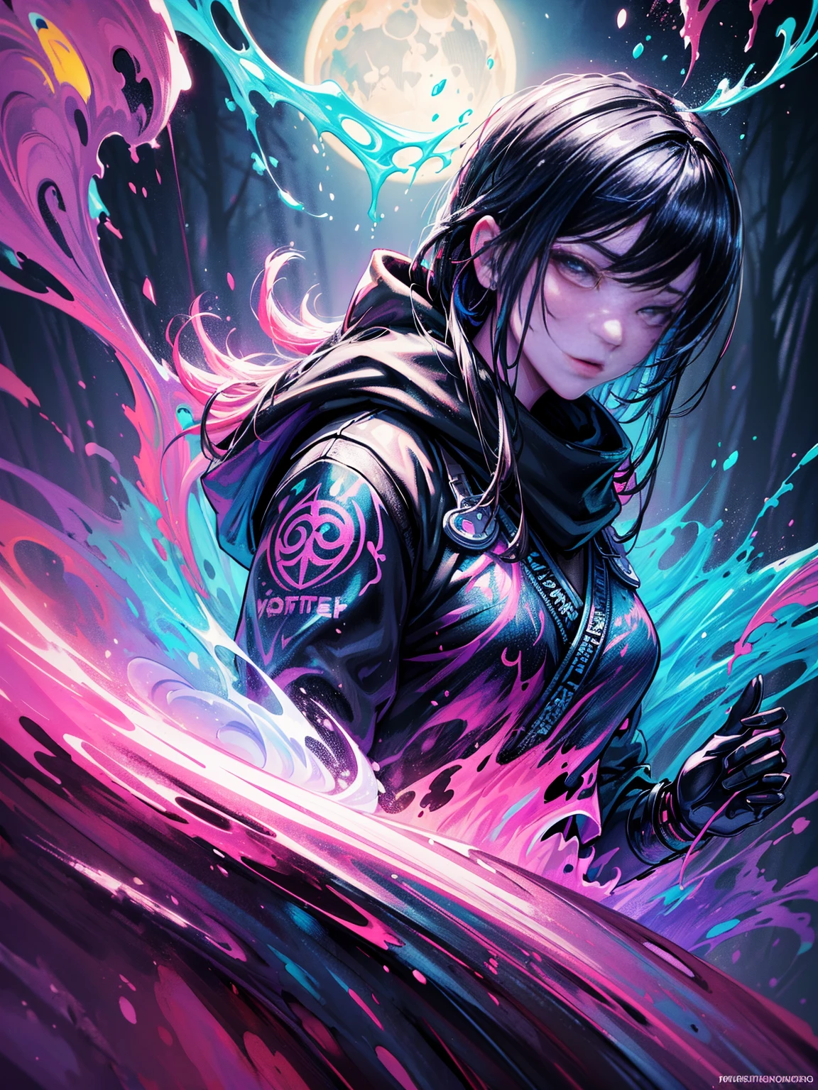 (splash art:1.2), Floral oil painting, Ink dripping, (1 beautiful female ninja, Fortnite style, forest, moon, futuristic), (Colorful ink splash style:1.5), (extremely colorful, best quality, detailed details, masterpiece, official art, Lighting effects, 8K, chiaroscuro)