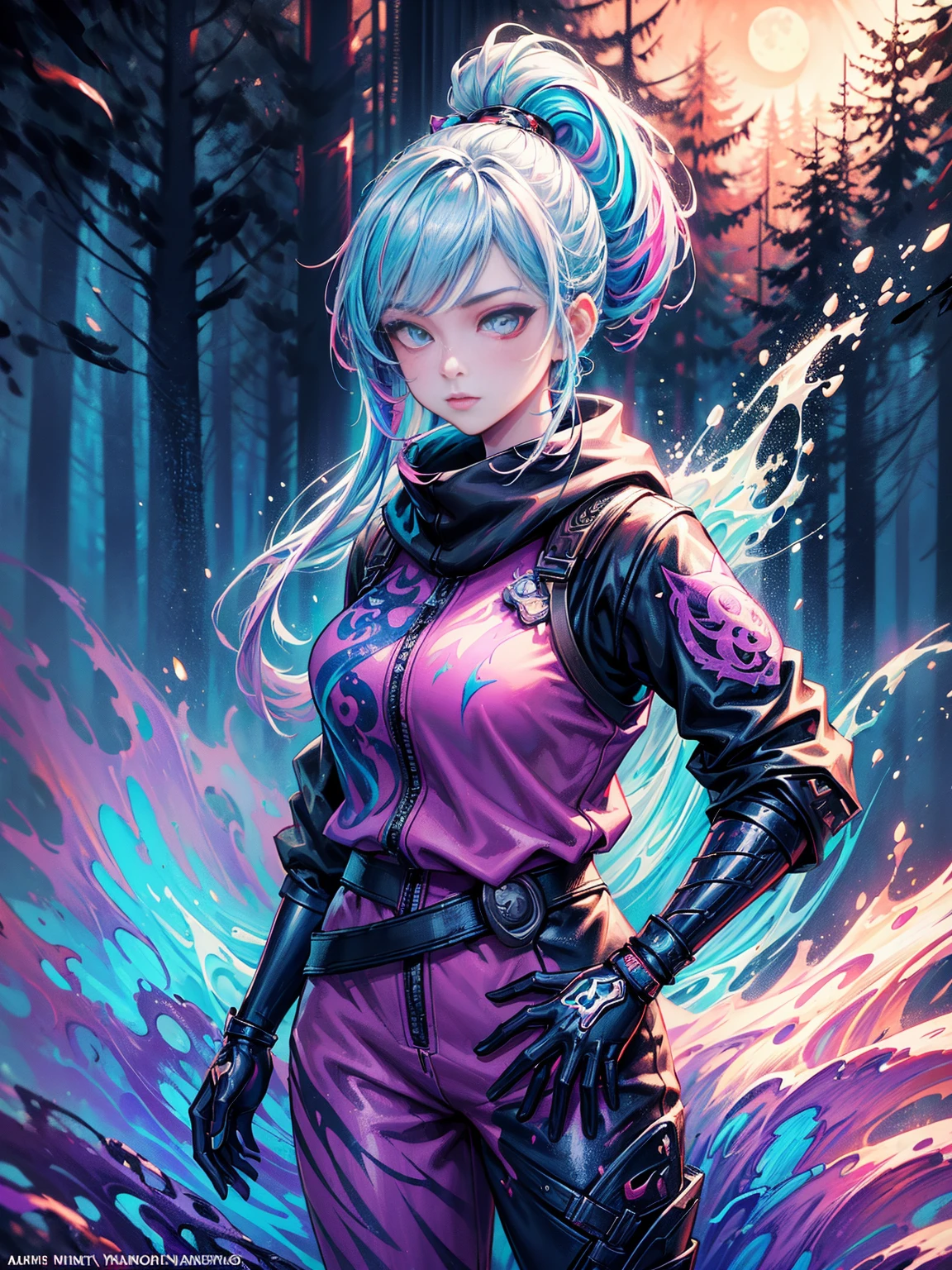 (splash art:1.2), Floral oil painting, Ink dripping, (1 beautiful female ninja, Fortnite style, forest, moon, futuristic), (Colorful ink splash style:1.5), (extremely colorful, best quality, detailed details, masterpiece, official art, Lighting effects, 8K, chiaroscuro)