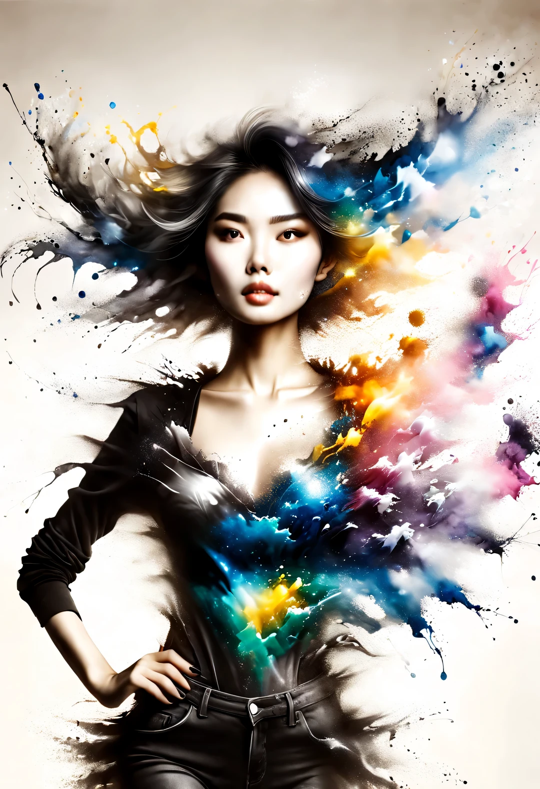 A shot of a woman dancing wildly from ink splasting with metallic elements，ink splasting