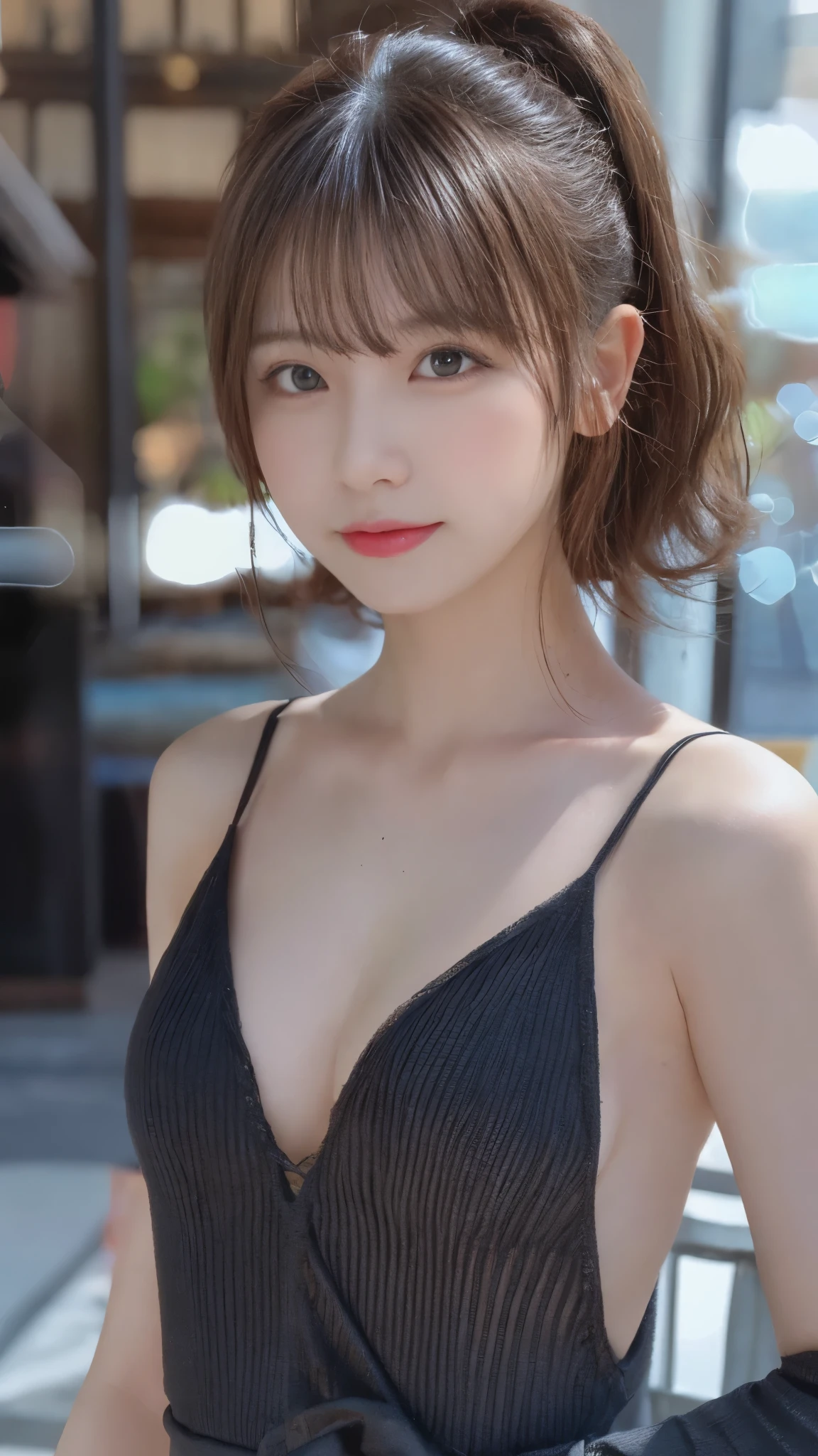 table top, highest quality, figure, super detailed, finely, High resolution, 8k wallpaper, 完璧なダイナミックな構figure, beautiful and fine eyes, woman's fashion fluffy winter clothes,Wearing sunglasses,medium hair,small breasts natural color lip, bold sexy pose、20 year old girl、cute、sexy shot looking at camera,RAW photo,anatomically correct body,blur the background,perfect and beautiful face,KPOP idol face,Slim face and body、Wearing a black miniskirt,Wearing black high heels,sitting in a chair,