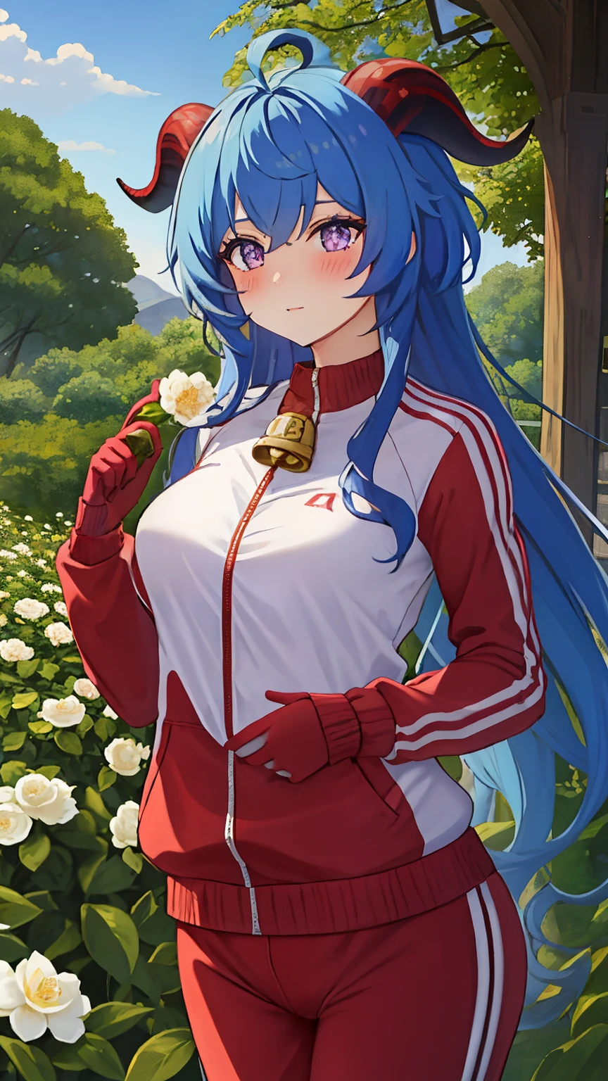 blue_hair, long_hair, bangs, horns, purple_eyes, ahoge, breasts, blush, goat_horns, sidelocks, bell, medium_breasts, large_breasts, neck_bell, ((masterpiece)), (Professional Photography:1.2), camelliamix, from above, flat body, Beautiful flowers bloom, (sparkles), (There is a blooming camellia),standing under a tree, (head looking up), Look at the tree, Natural soft light, macaron, Still ethereal, Crisp and smooth lines, radiant morning light, soft luminescent glow, ((track suit, spat, sleveless))