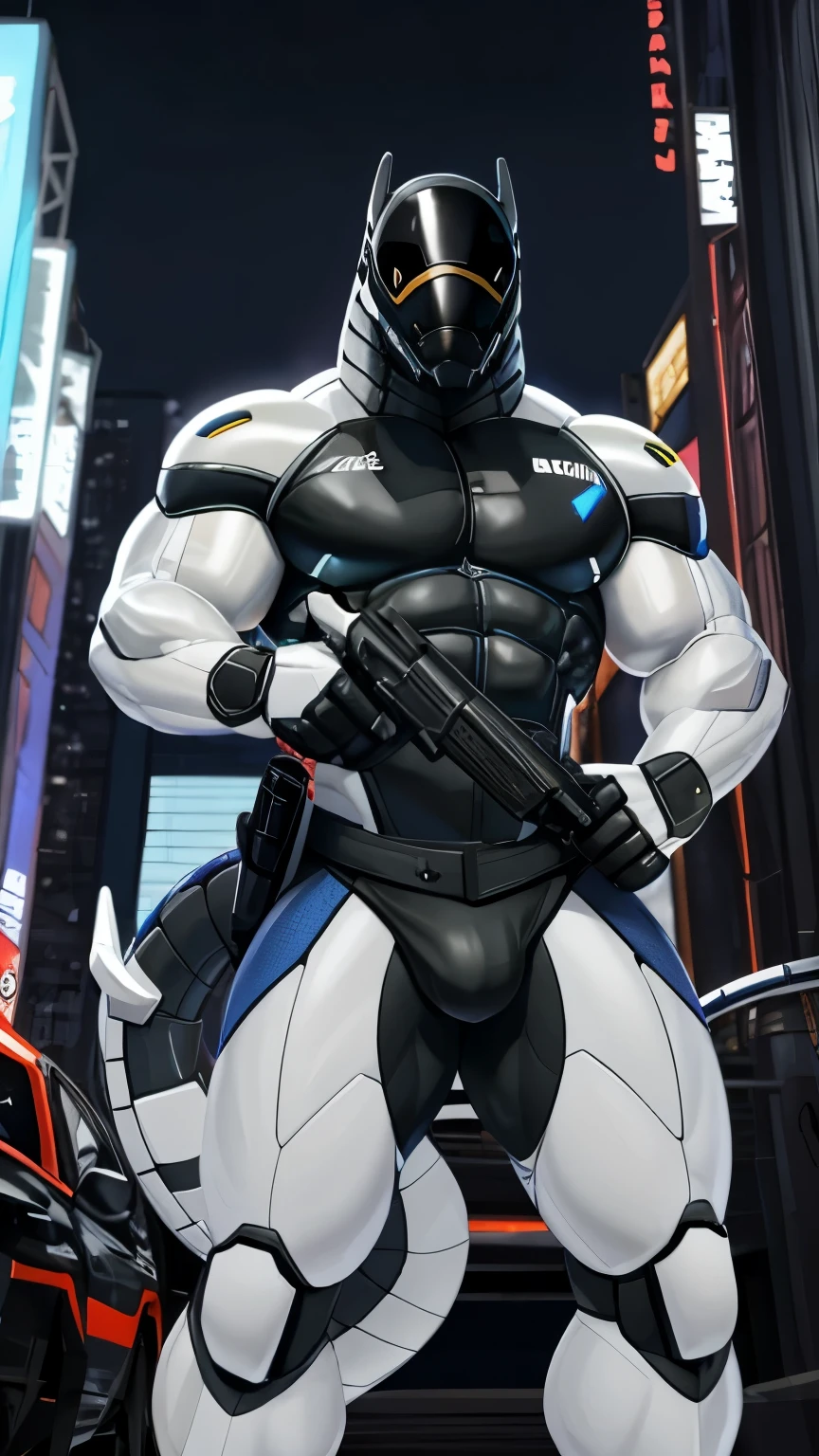 Uploaded to E621, best quality, masterpiece, high quality, Sexy Men, synth (vader-san), White, security robot, guards, bodyguard, bodyguard, very muscular, male muscular, sexy muscular, thick thighs, Long tail, guards 의상, Pick up a gun, attack pose, future city background, Bright screen