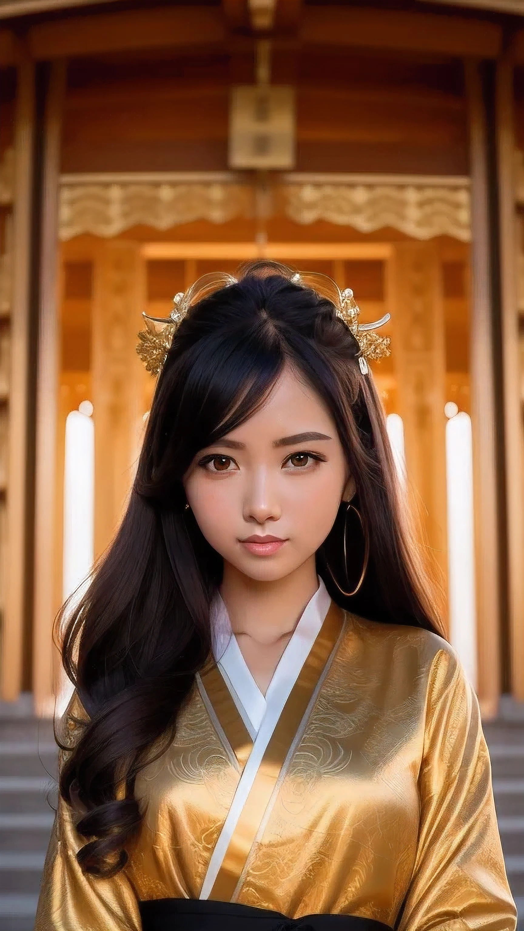 muste piece, best quality, High resolution, photoreaslistic, detailed face, 1 female,Front-facing, ((front viewing)), ((frontal face)), ((face view)), ((front view)), ((body front)), ((frontal body)), upper body whole body, Golden kanzashi hair, long hair, black hair, cute type,shy smile, shrine, shining background, Golden kimono, ponytail,