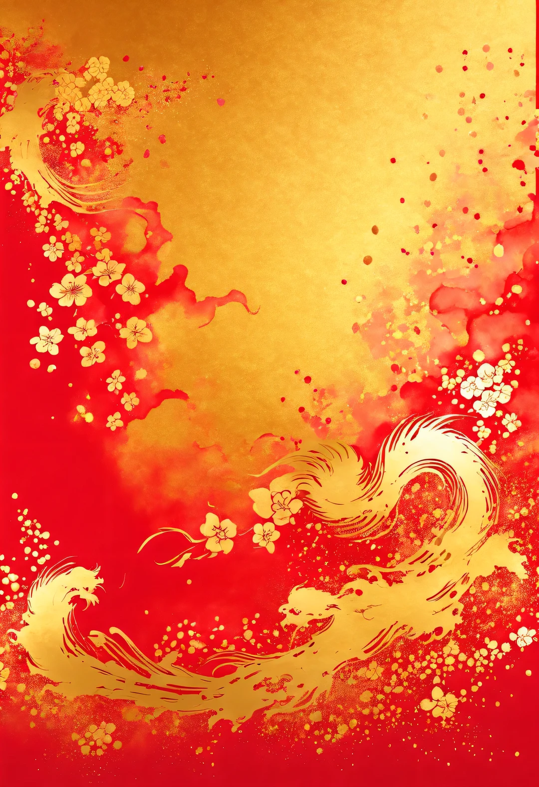 Traditional Chinese New Year wallpaper with gold ink on red paper,(splash ink:0.4)
