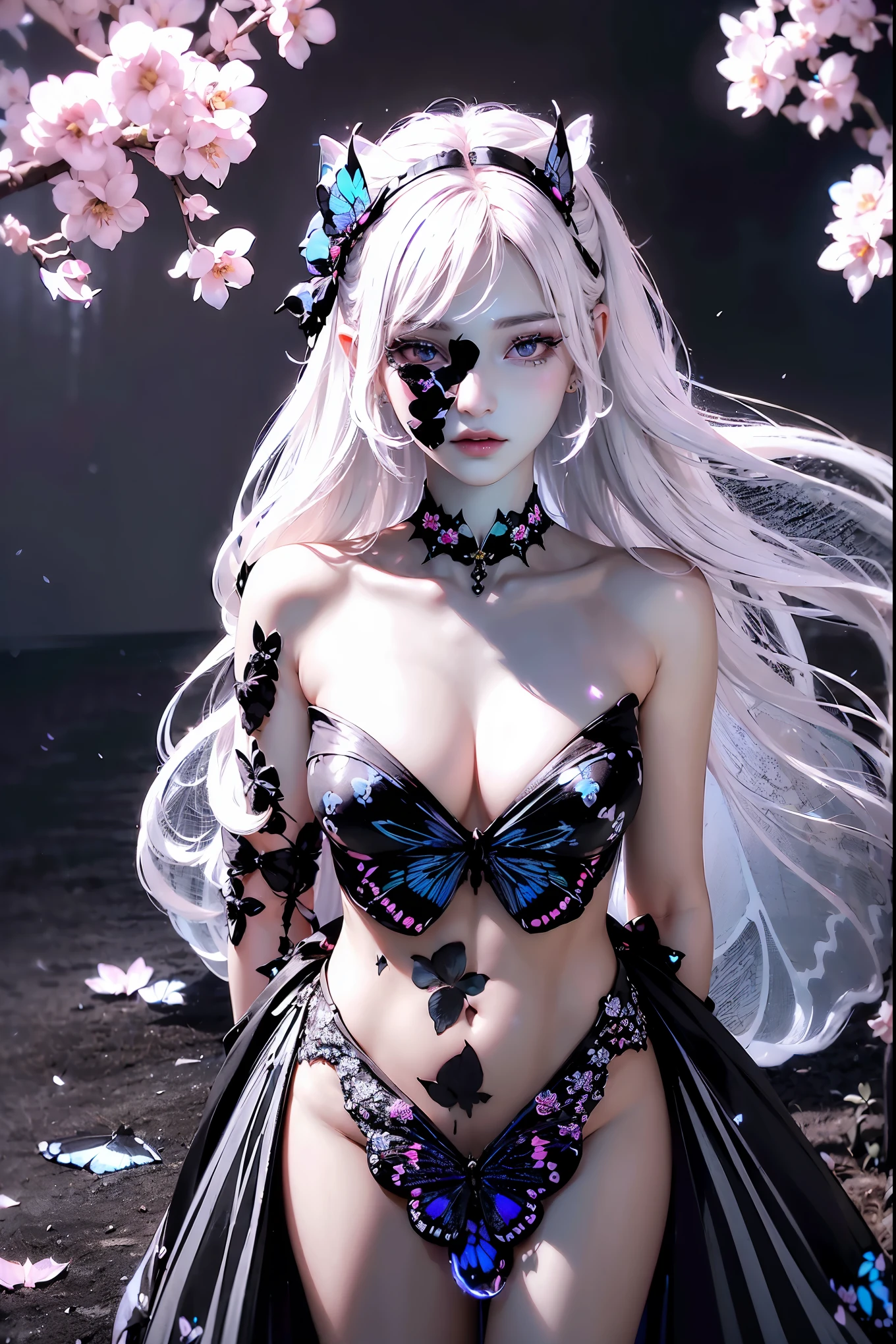 (((RAW photo , insanely detailed, highest quality, high resolution,))) (((white hair Beach waves hairstyle))), (((cosmetics))), ((((White catgirl, )))) break、(contrast:1), full body、,insanely detailed face,  smile、happy、 large breasts、 full body、 break、Antonio Riva dress:1.1,dress made of slightly transparent fabric:1.3、many butterflies are flying, break、midnight:1.2、break, (realistic:1.1), impressionism), (extremely intricate:1.2), side profile of a fairy princess, high fantasy, (long gradient hair),  beautiful face, half-closed eyes, (fairy:1.2), praying, (empire dress), jewelry, blue skin, pointy ears, AND (transparent  black butterfly wings on her back:1.5), BREAK、 (in the enchanted flower garden:1.3), ( pink neon flowers and trees), (night:1.4), (pink neon fireflies), lots of   black particles, black particles,