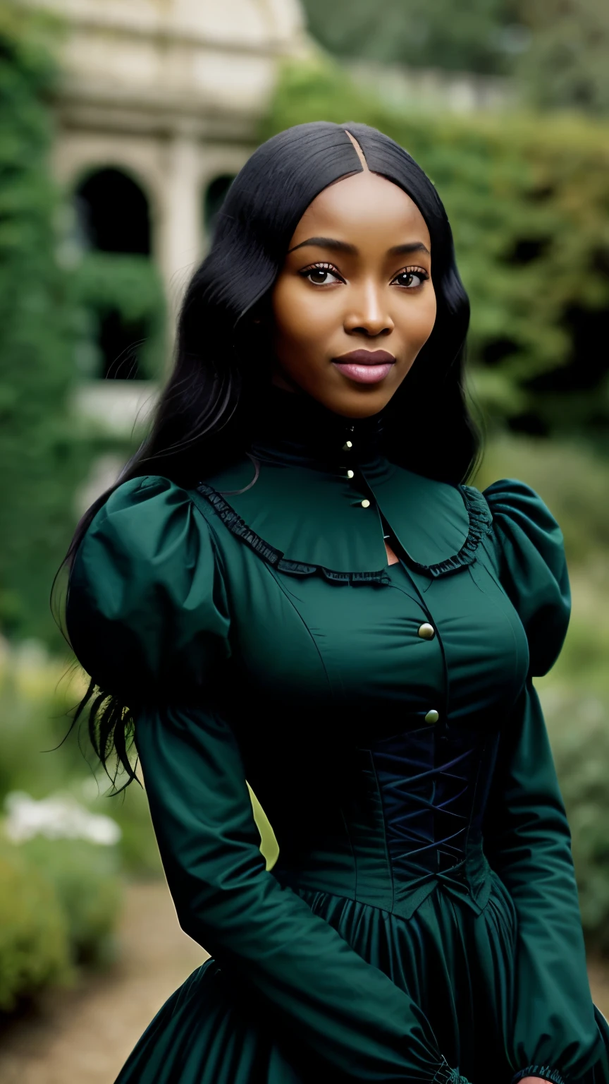 Foto hiperrealista en primer plano de Naomi Campbell, Create dystopian masterpieces, victorian era clothing, rich dress, wearing a Victorian-era dress with long-sleeves, green dress, garden, beautiful woman, skinny, medium breasts, black long hair, detailed face, smile, facing the camera, photo taken from a distance, of 14