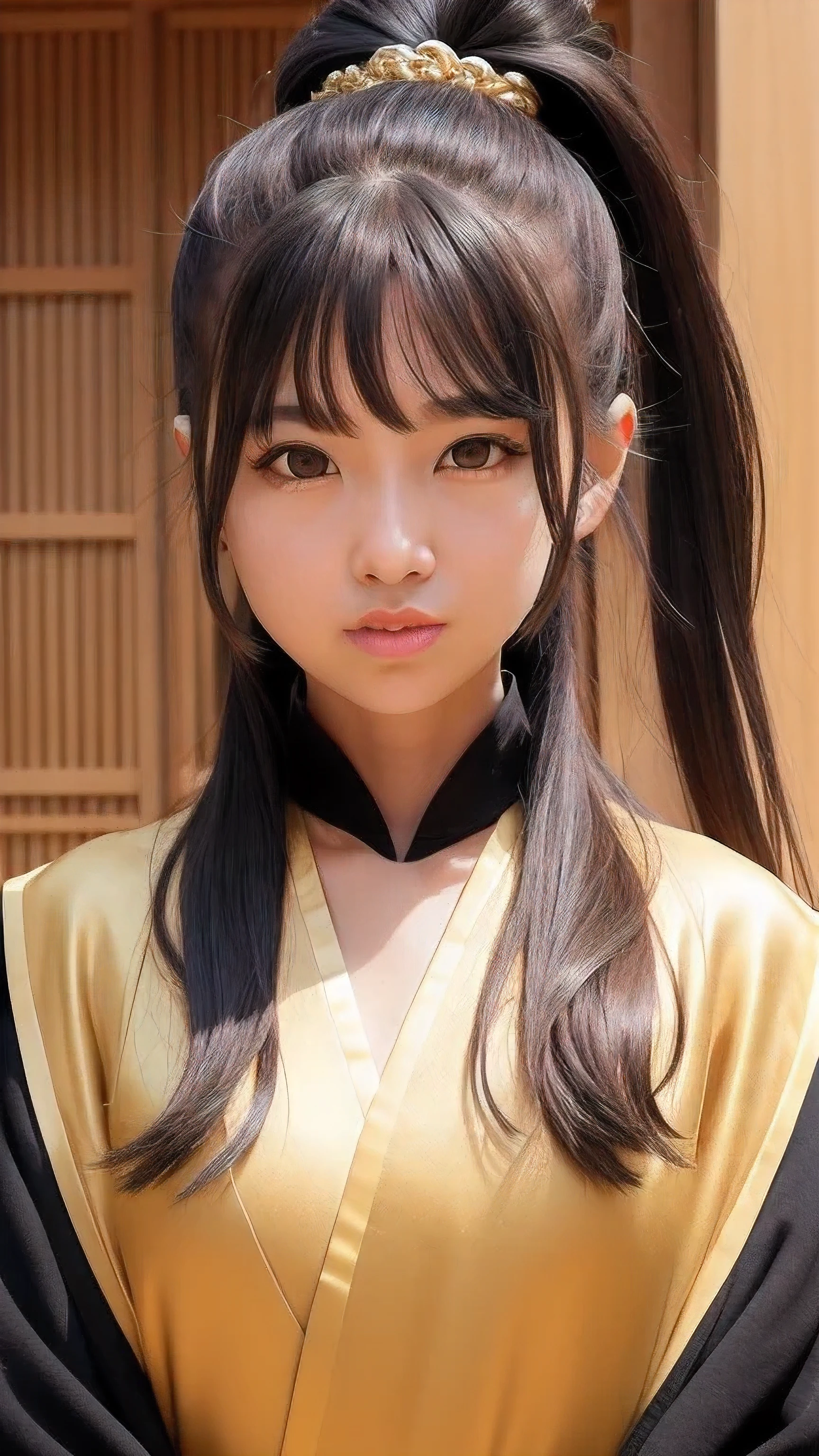 muste piece, best quality, High resolution, photoreaslistic, detailed face, 1 female,Front-facing, ((front viewing)), ((frontal face)), ((face view)), ((front view)), ((body front)), ((frontal body)), upper body whole body, Golden kanzashi hair, long hair, black hair, cute type,shy smile, shrine, shining background, Golden kimono, ((ponytail)),