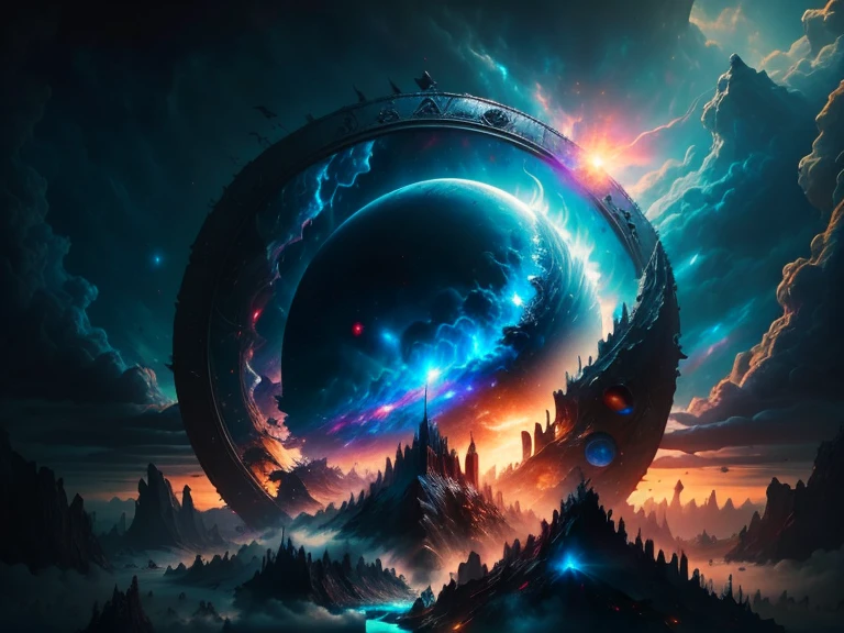 epic warrior hero watching stronghold on mountain from a far, A dark space land full of water and and dark clouds, black fog, comet passing by, astrophotogr, masterpiece, expert, insanely detailed, 4k, composition, centered, painted, intricate, volumetric lighting, beautiful, rich deep color masterpiece, sharp focus, ultra detailed, dan mumford and marc simonetti style, malignant, vector, print, black magic around, panorama, star cycle, galactic lush translucent clouds, spectrum, panorama, star cycle, cycle, round eye, planet, earth, truth, knowledge, power, energy, galaxy, outer space, nebula, star, [cyberpunked] Pyramids from the stars, black star