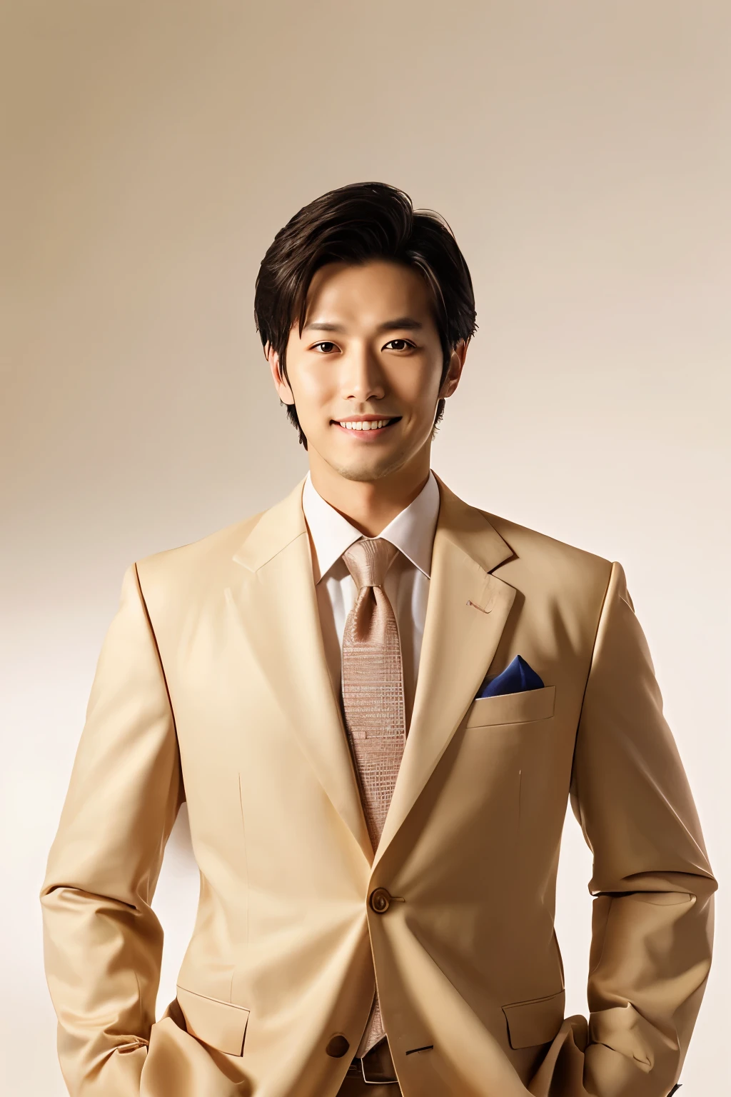 frontal face, (Top quality, masterpiece: 1.2), Portrait, frontal pose, standing, One handsome Japanese man, 30-years-old, beige suit, business suit, (35mm lens:1.5), 1/f shutter speed, Cowboy pose, (White background:1.3), in a lounge, smile,