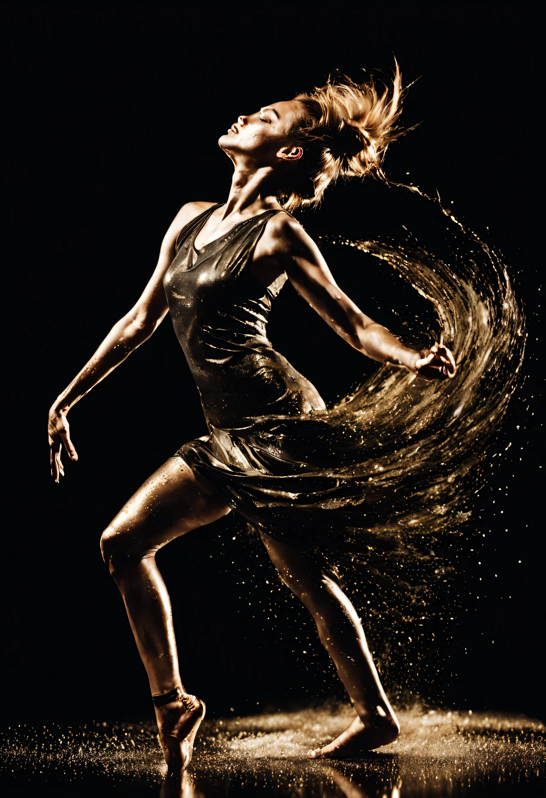 Photo of a dancing woman splashed with metallic ink.