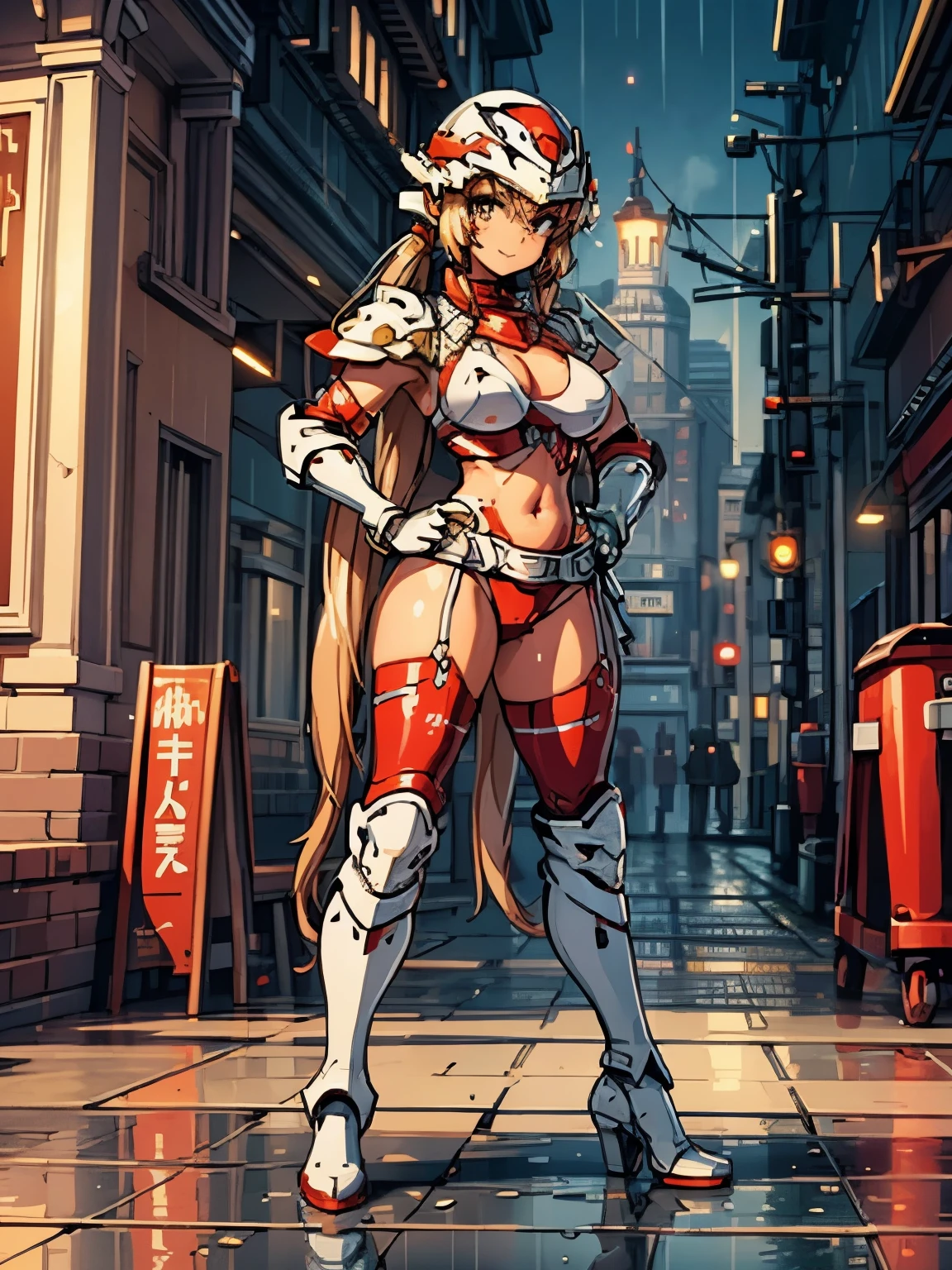 masterpiece, best quality, ultra detailed, 1girl, solo, PixelArt, pixel, 16Bits, 31bits, ultra detailed face, (head shot:1.5), face close-up, short smile, light brown low twintails hair with bangs, ivory and red bikini armor and helmet, long boots and gloves, hands on hips pose, wet skin, solarpunk town at night, heavy rain