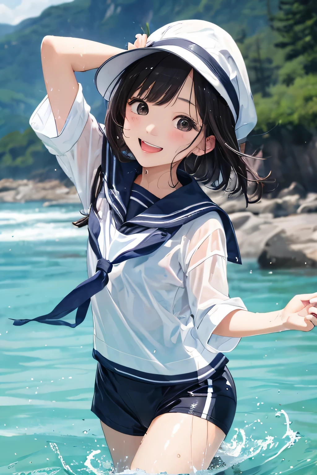 highest quality、High resolution、detailed background、Wet sailor suit、cute、Look at me happily