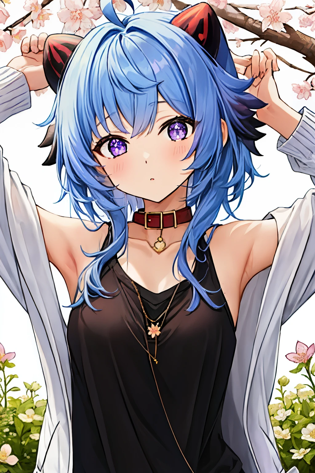 blue_hair, long_hair, bangs, horns, purple_eyes, ahoge,,1girl,solo,short hair, off shoulder, collar bone, look at viewer, perfect fingers, armpit peek, Beautiful flowers bloom, (sparkles), (There is a blooming sakura)，standing under a tree, (head looking up), Look at the tree, Natural soft light, macaron, Still ethereal, Crisp and smooth lines, radiant morning light, soft luminescent glow, casual clothes, jacket, hood