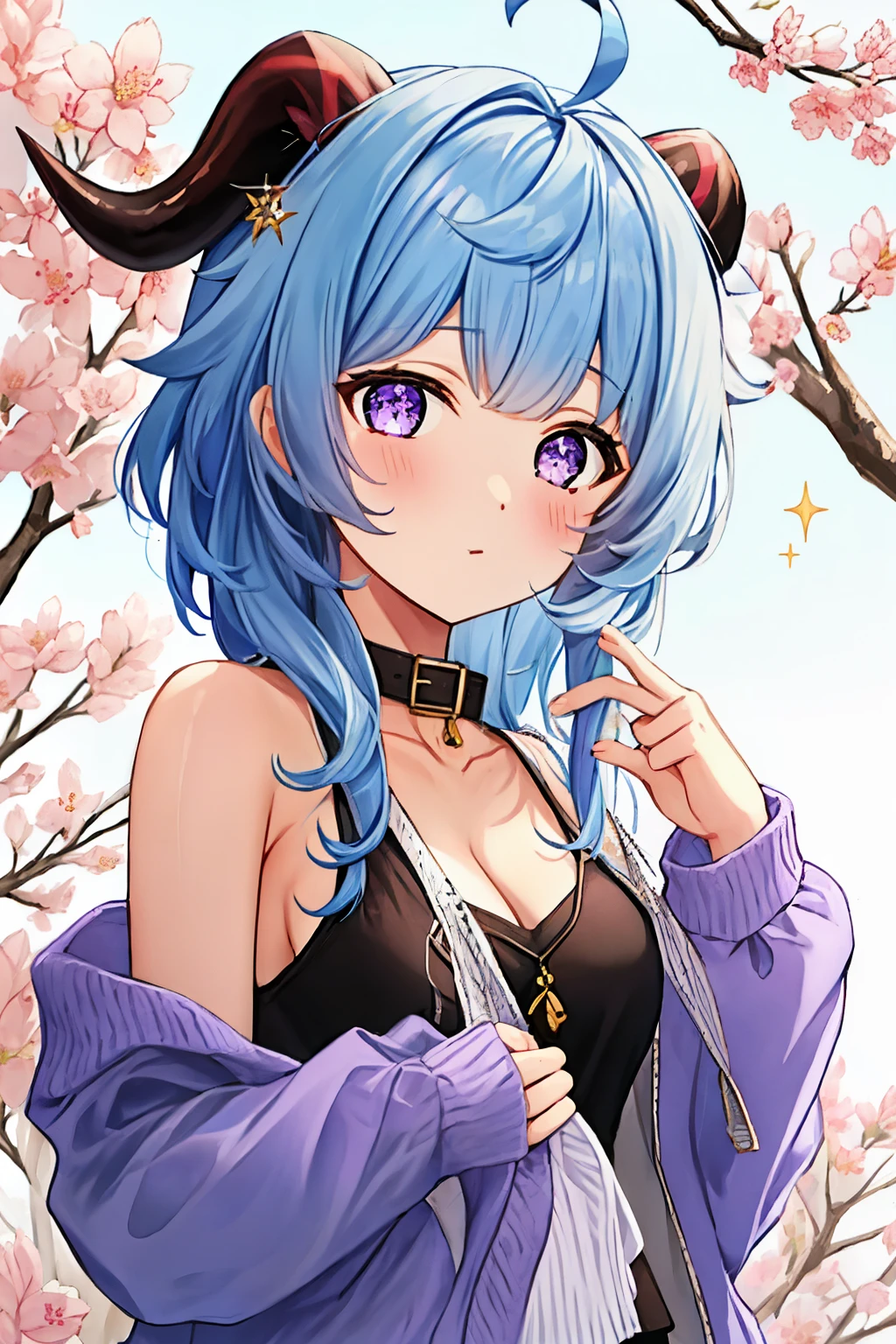 blue_hair, long_hair, bangs, horns, purple_eyes, ahoge,,1girl,solo,short hair, off shoulder, collar bone, look at viewer, perfect fingers, armpit peek, Beautiful flowers bloom, (sparkles), (There is a blooming sakura)，standing under a tree, (head looking up), Look at the tree, Natural soft light, macaron, Still ethereal, Crisp and smooth lines, radiant morning light, soft luminescent glow, casual clothes, jacket, hood