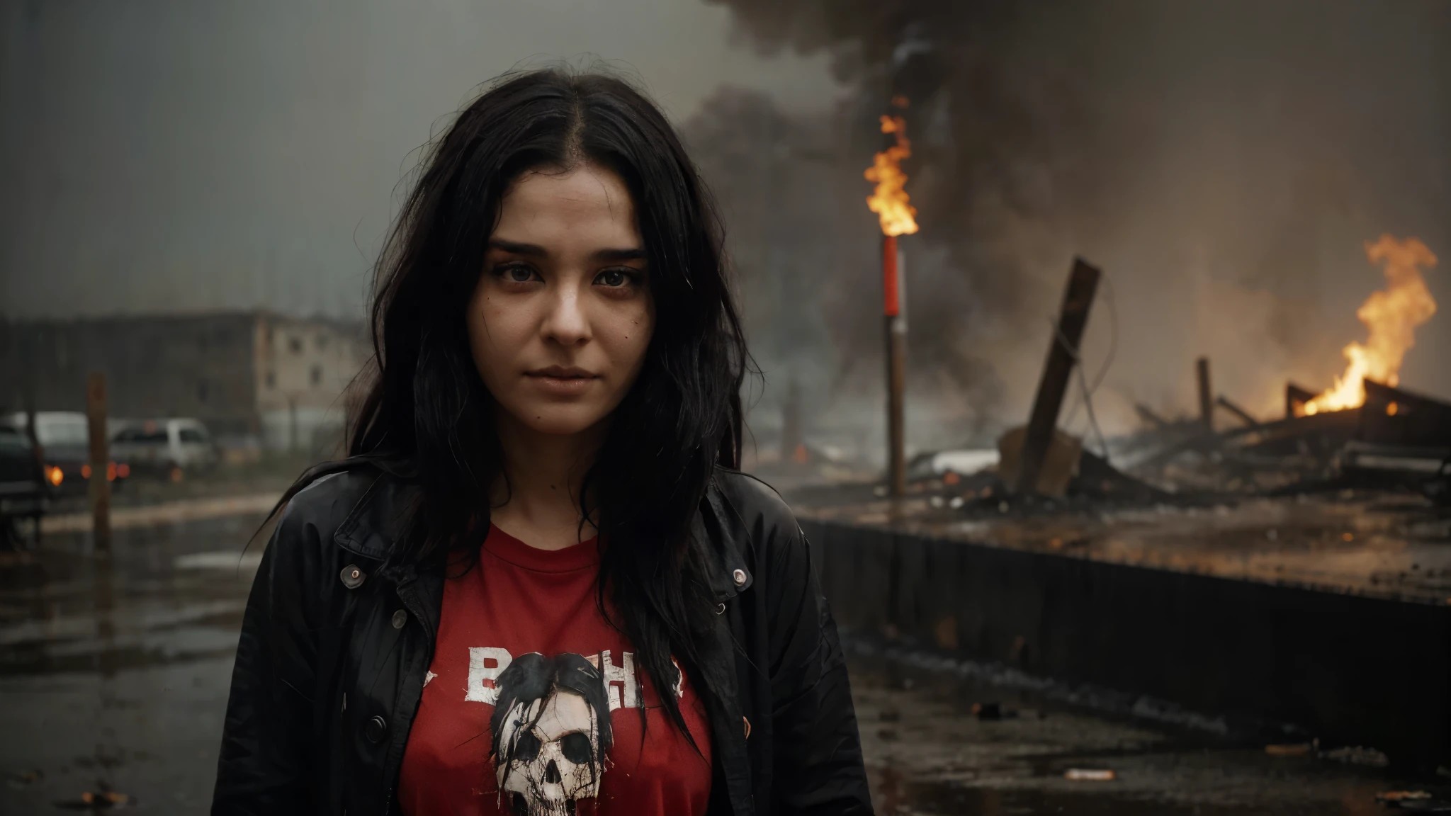 A 27-year-old girl with black and disheveled hair and gray and death-like eyes with a scar on her right cheek in the rain and walking across a burning fire in a red shirt