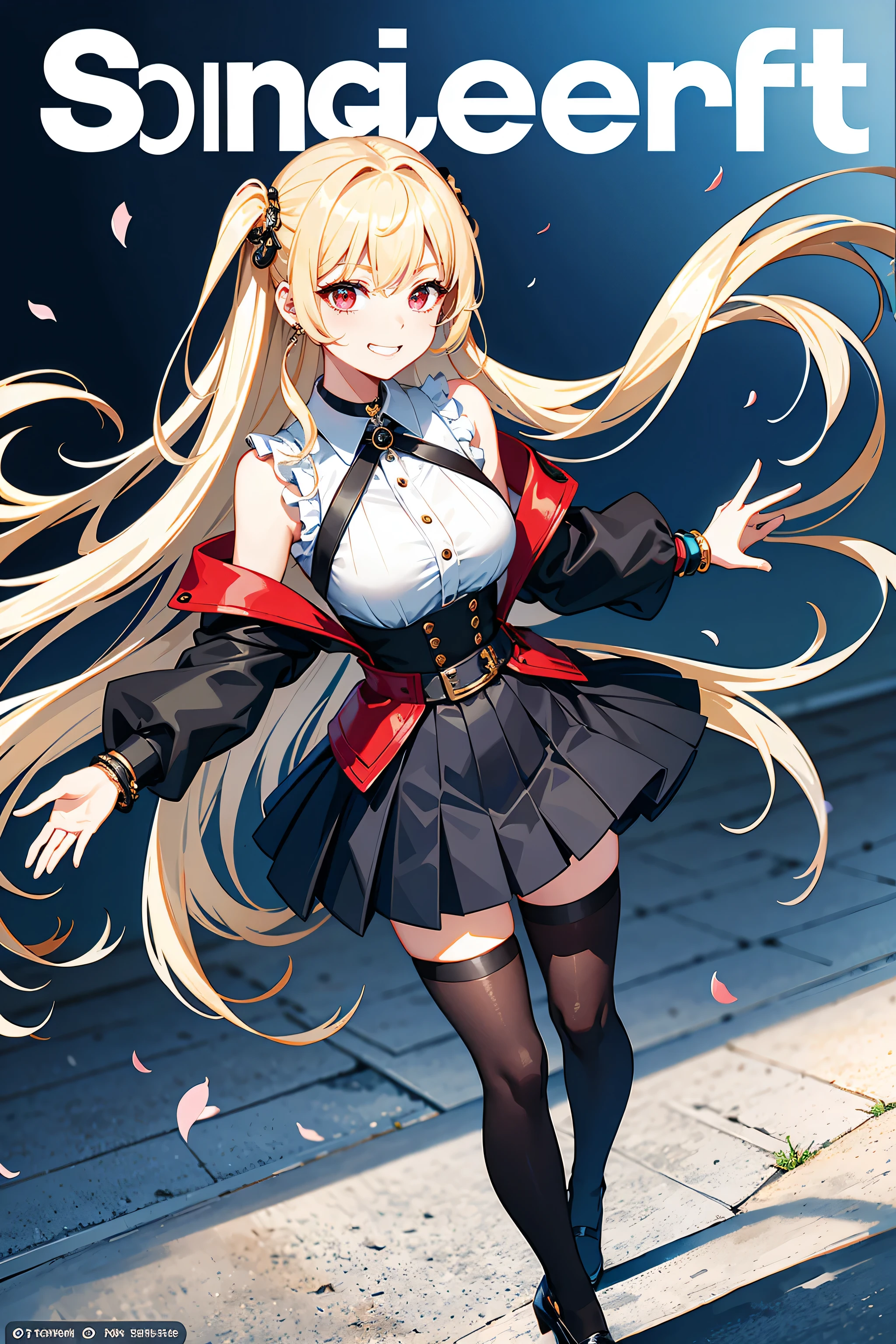 Masterpiece, Superb Style, Full Body, 1Girl, Bangs, Black Choker, Black Tie, Blonde Hair, Blue Skirt, Blush, Bracelet, Beautiful Breasts, Choker, Waist Dress, Collarbone, Collared Shirt, Denim Photos, Dress Shirt, Ear Piercings, Eyebrows Visible Through Hair, Gradient Hair, Grin, Gyaru, Jewelry, Kogal, Long Hair, Looking at the Audience, Loose Tie, Tie, Piercing, Plaid Skirt, Plaid Skirt, Pleated Skirt, Red Eyes, Ring, School Uniform, Shirt, Skirt, Smile, solo, white shirt, street, sky, cherry blossoms, petals, illustration, (magazine: 1.3), (cover style: 1.3), fashion, woman, vibrant, attire, pose, front, colorful, dynamic, background, element, confident, expressive, hold, statement, attachment, majestic, coiled, around, touch, scene, text, cover, bold, eye-catching, title, fashion, font, catchy, title, bigger, eye-catching, modern, stylish, focused, stylish, black stockings