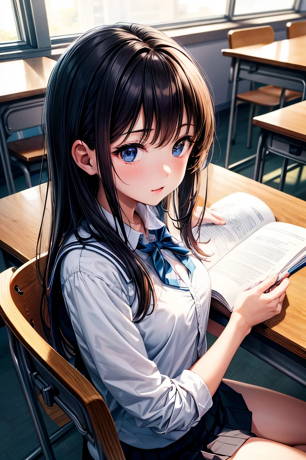 hyper detail,High resolution,hyper detail,best quality,,highest quality,cinematic lighting,静かなclassroom,1 girl studying,,Seen by classmates around you,、look down to study,classroom,sit on a chair