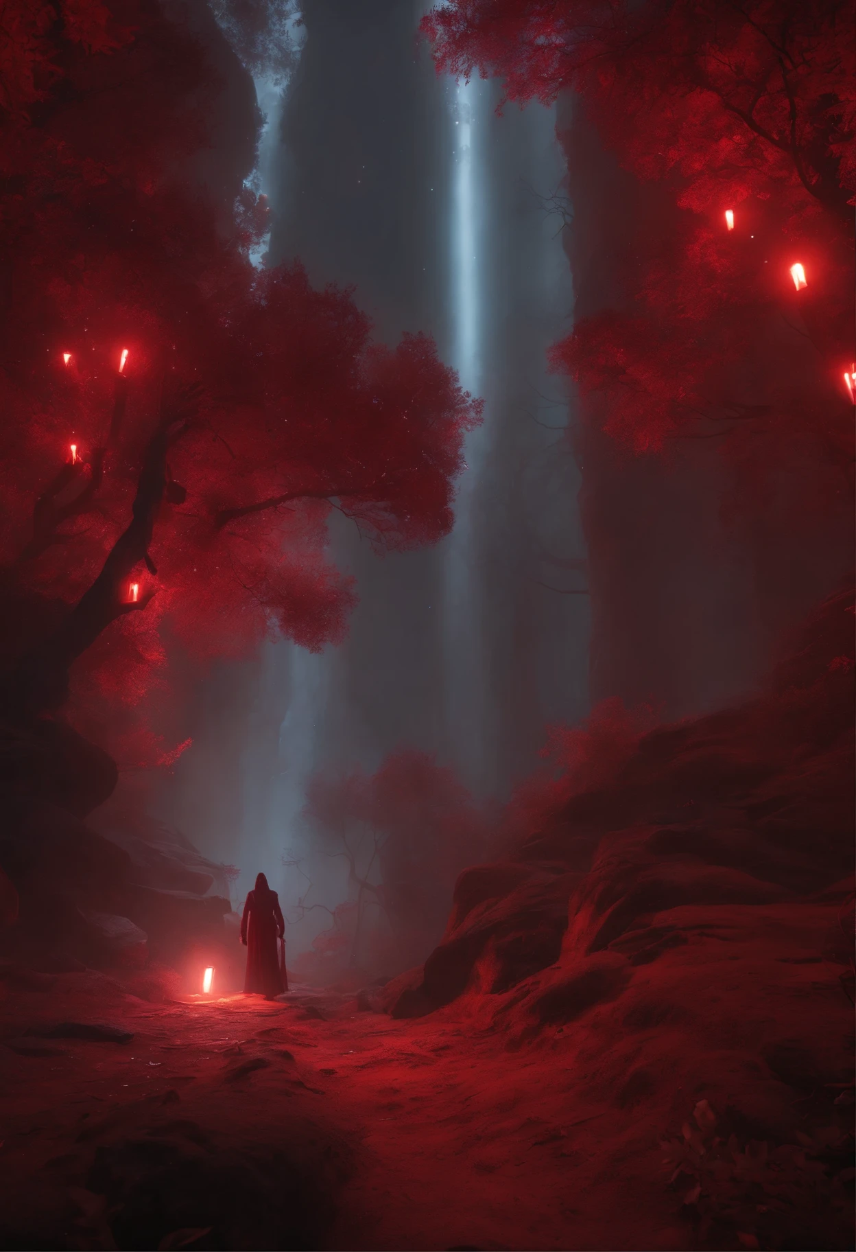 A red necromancer, blood moon, ray tracing, masterpiece, best quality, ultra quality, absurd details, best light, best shadow, sharp, sharp image, detailed, extremely detailed, great resolution, 8k, 4k, uhd, particle effects, beautiful effects, vivid colors, neon light, neon, light,